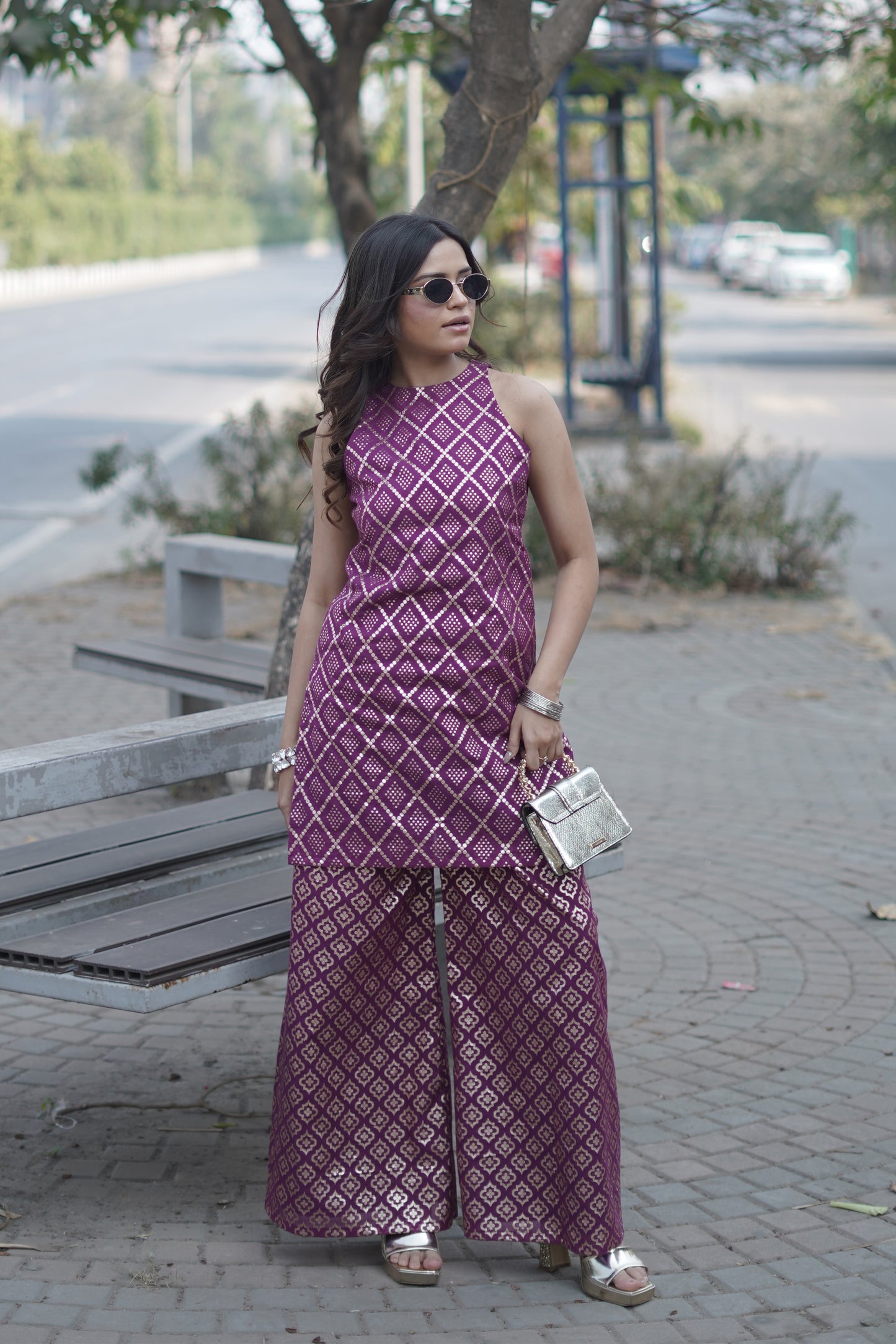 Magenta Geometric Woven Chanderi Co-ord Set