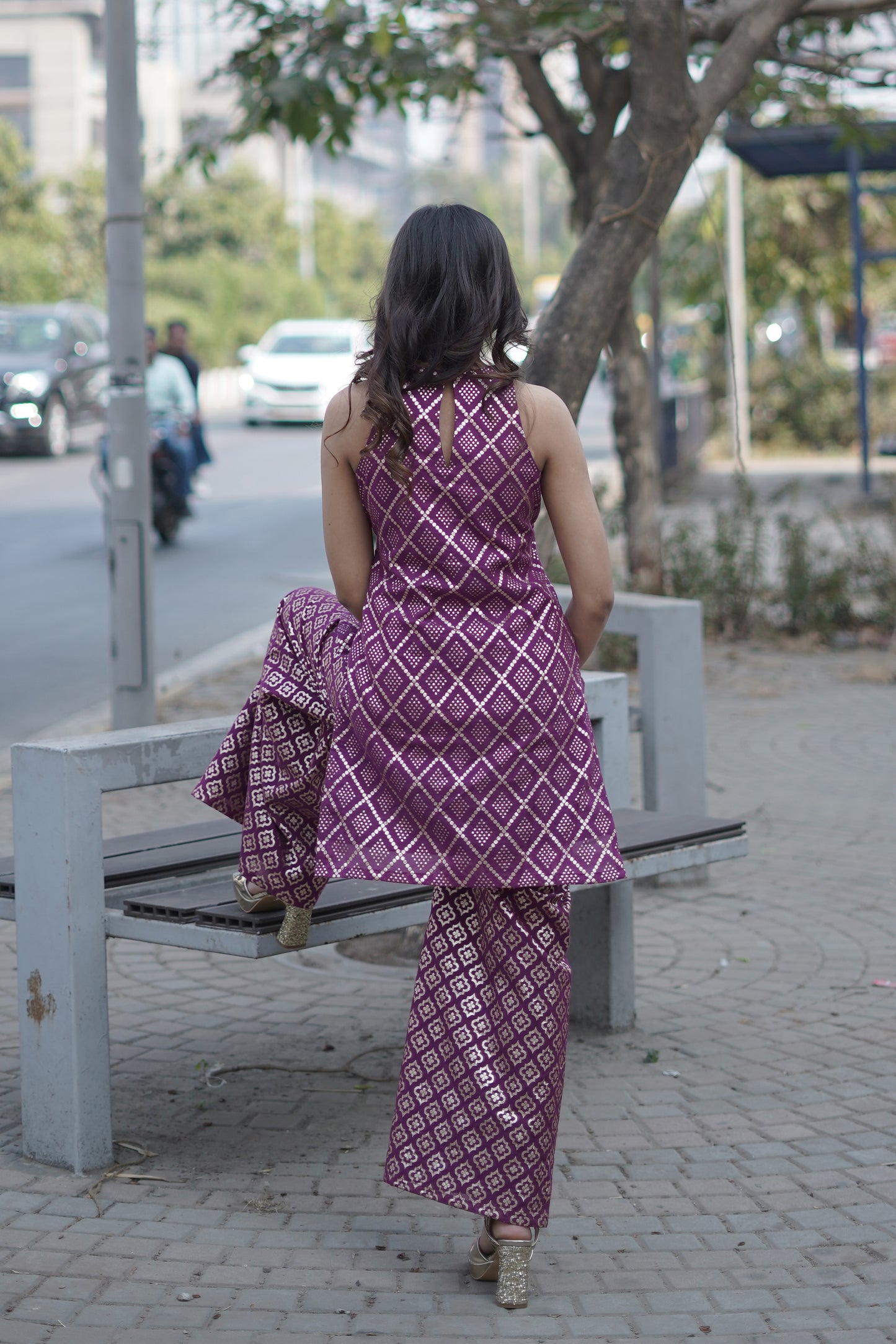 Magenta Geometric Woven Chanderi Co-ord Set