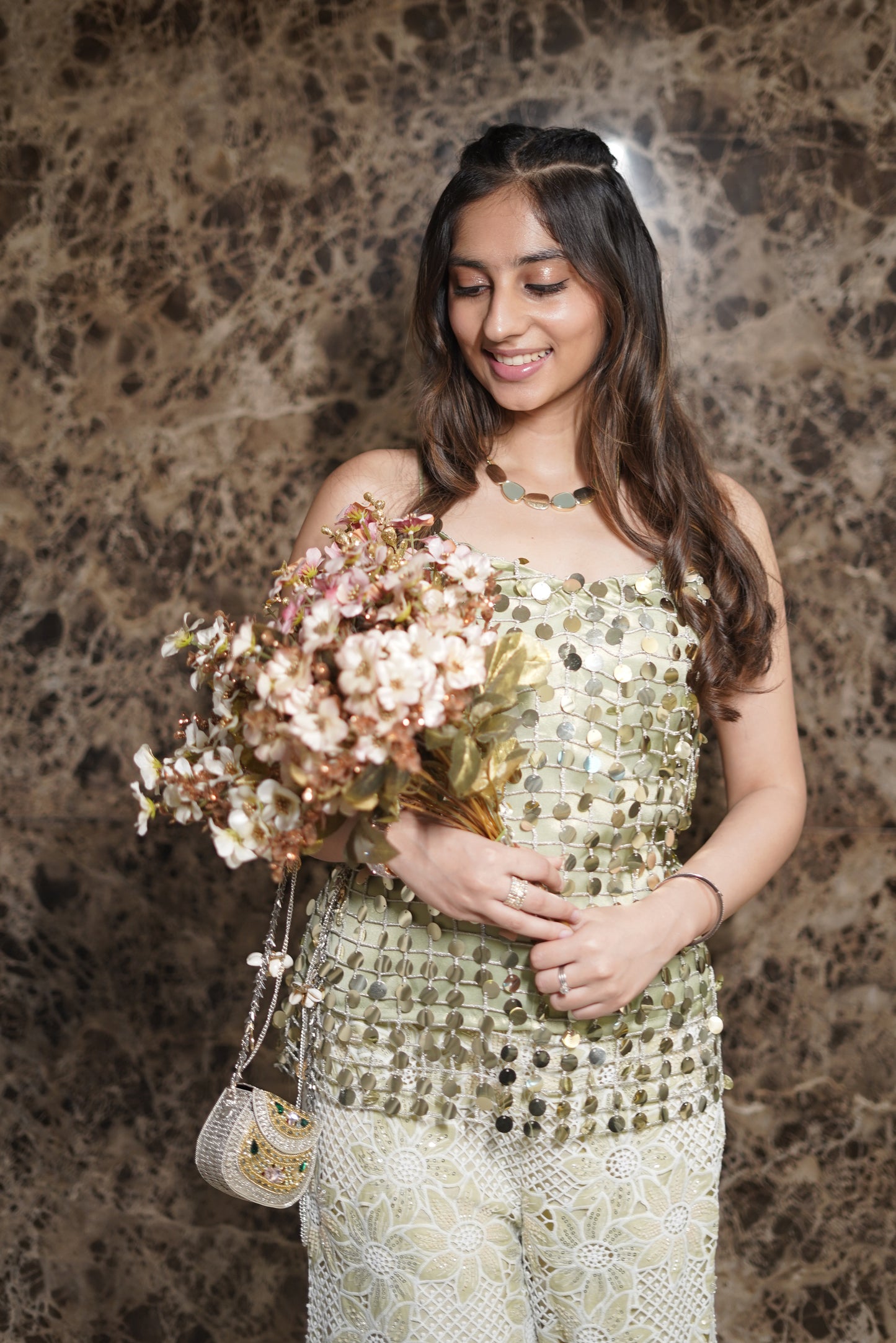 Green Sequins Top With Floral Cutwork Pants