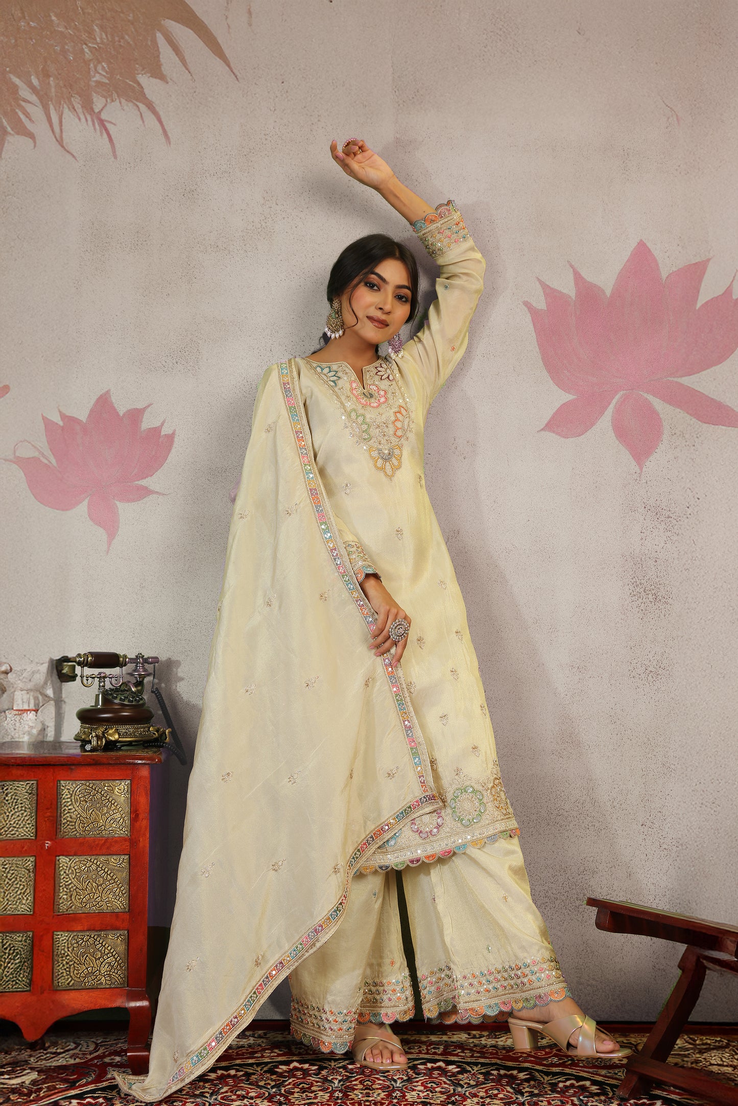 Cutdaana & Multicolor Thread Embroidered Tissue Suit