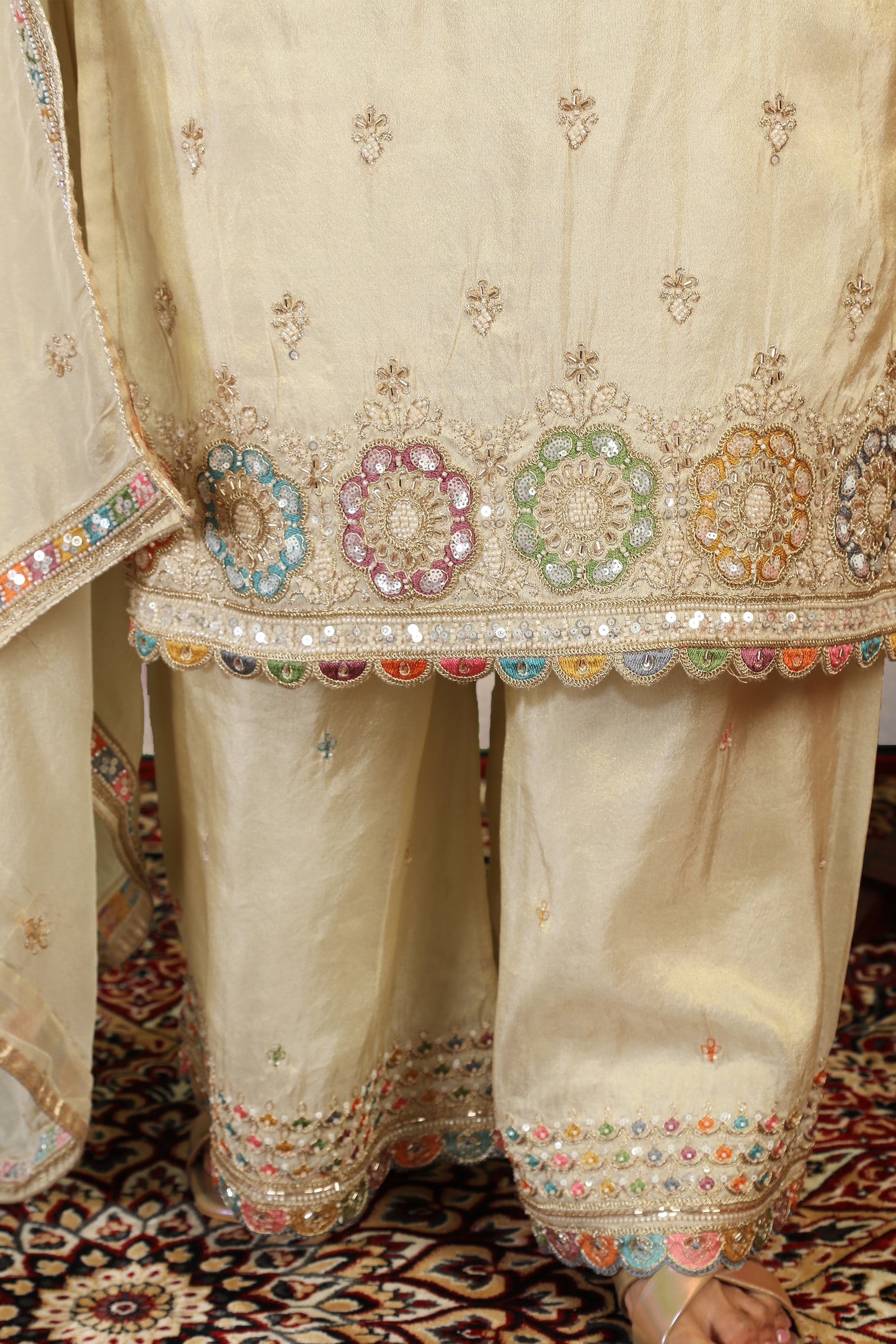 Cutdaana & Multicolor Thread Embroidered Tissue Suit