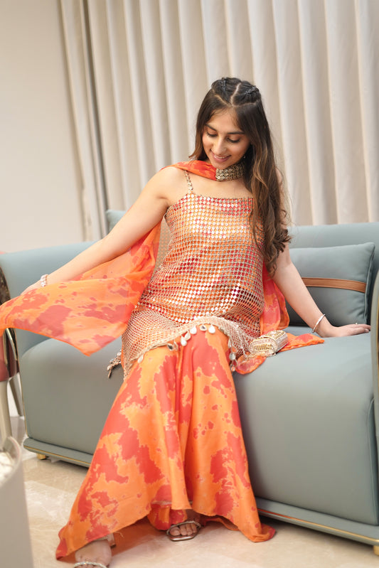 Sequin Cutwork Kurti With Printed Sharara and Dupatta