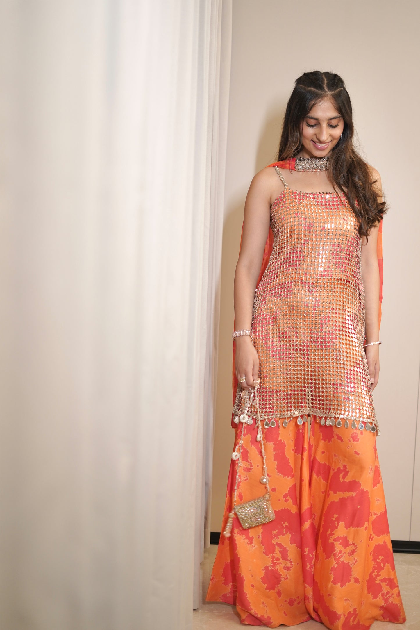 Sequin Cutwork Kurti With Printed Sharara and Dupatta
