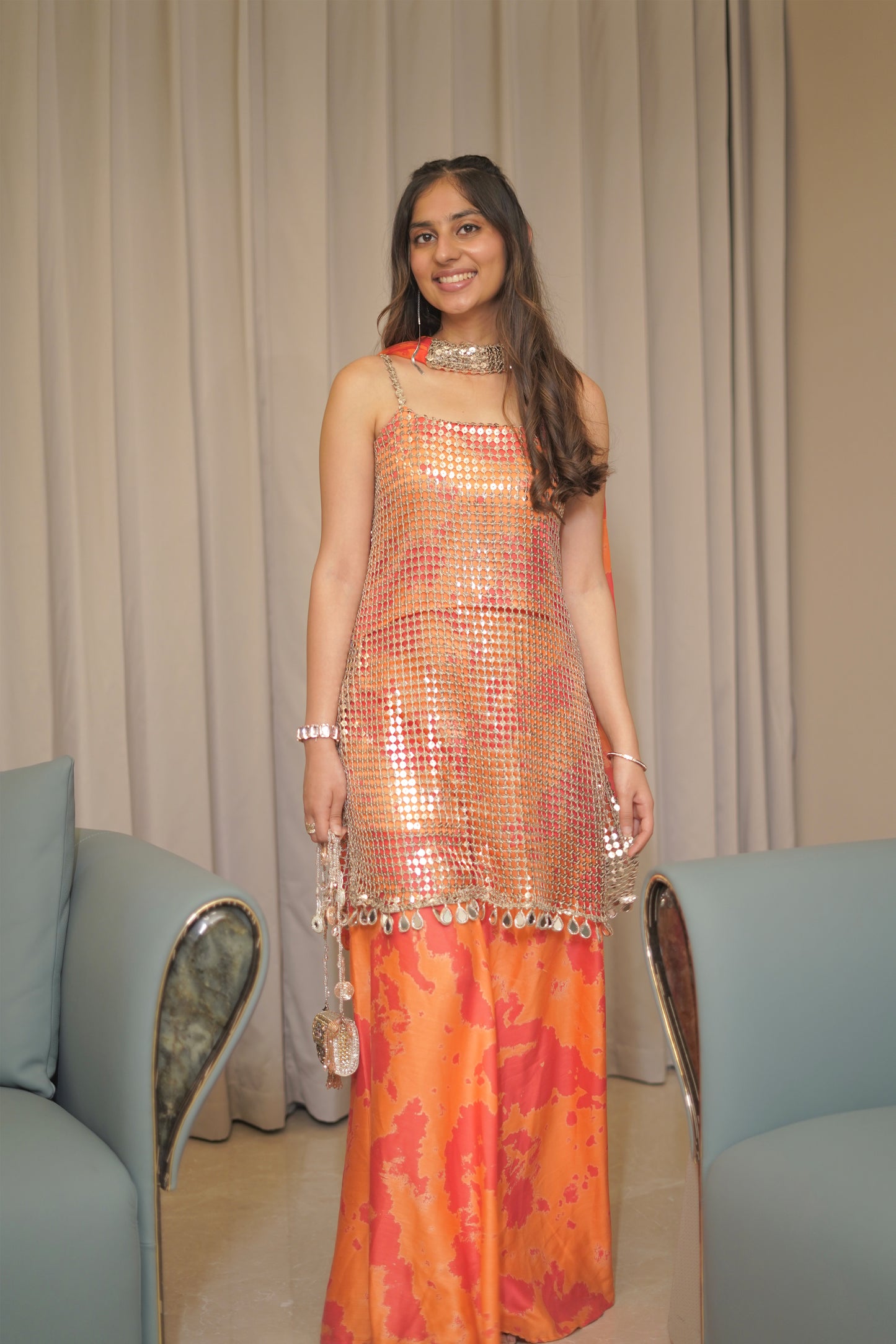 Sequin Cutwork Kurti With Printed Sharara and Dupatta