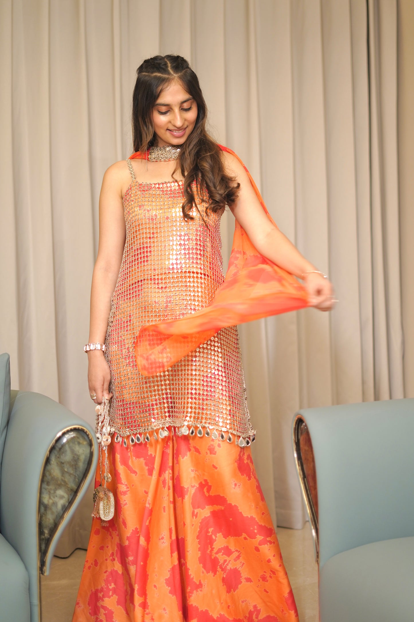 Sequin Cutwork Kurti With Printed Sharara and Dupatta