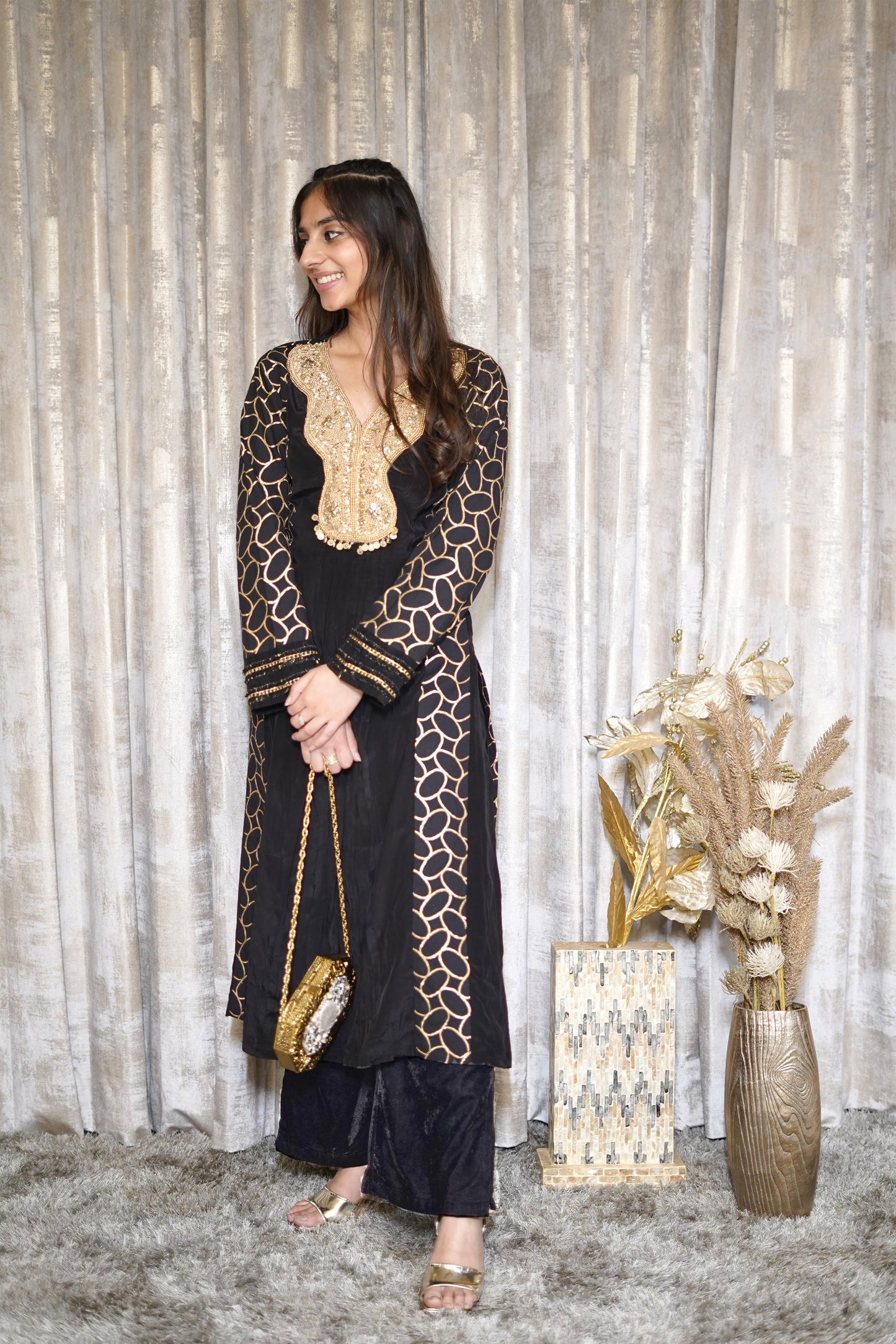 Mehfil Black & Gold Kurti Set with Intricate Handworked Neckline