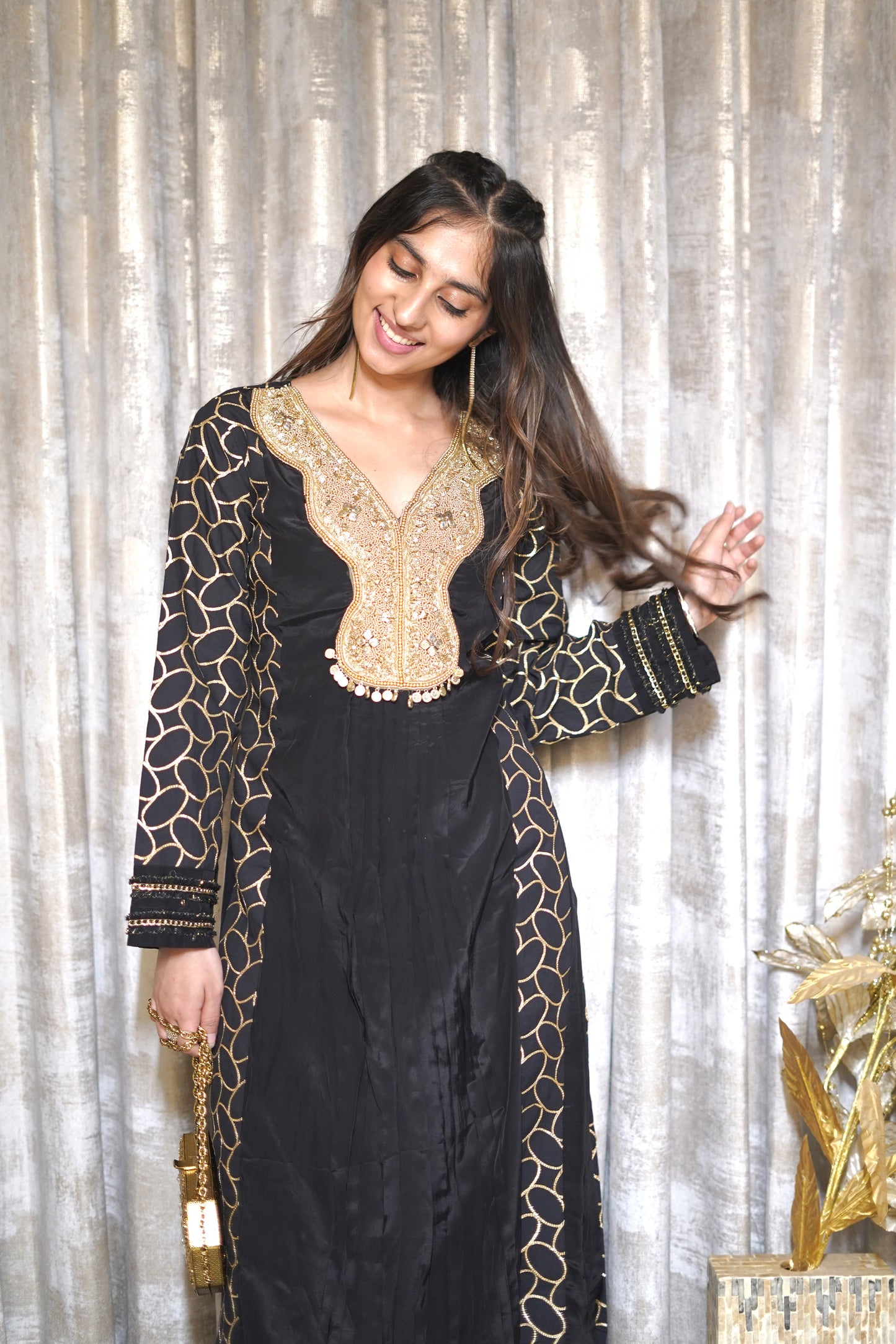 Mehfil Black & Gold Kurti Set with Intricate Handworked Neckline
