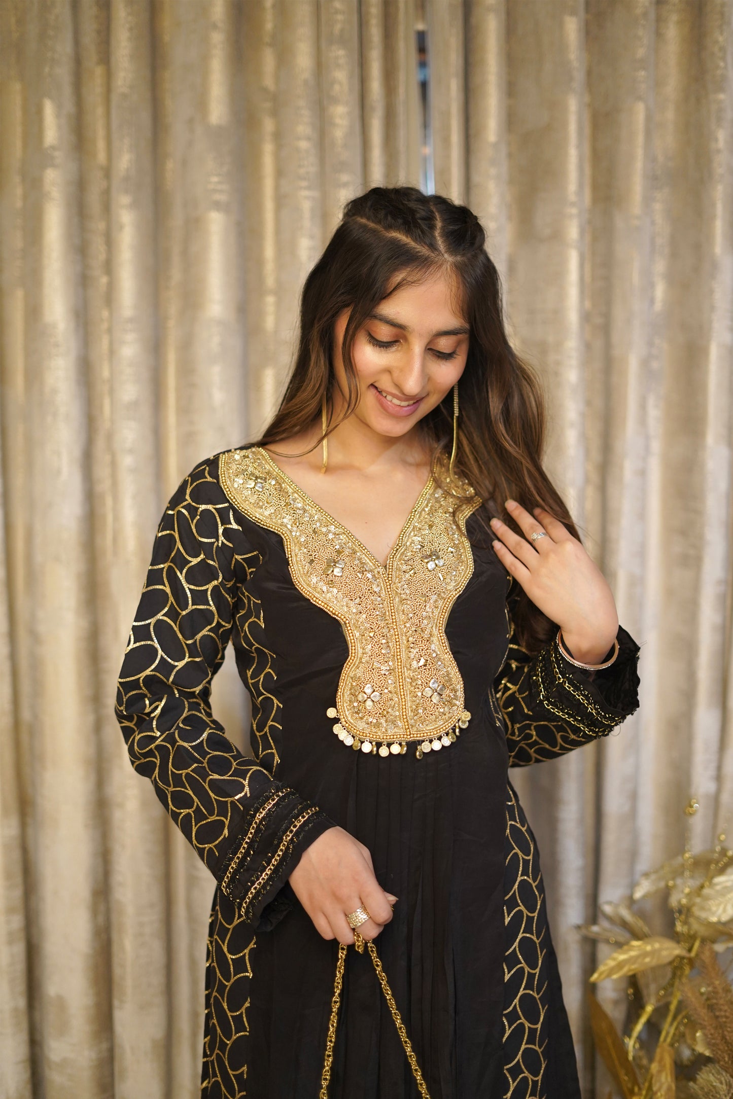 Mehfil Black & Gold Kurti Set with Intricate Handworked Neckline