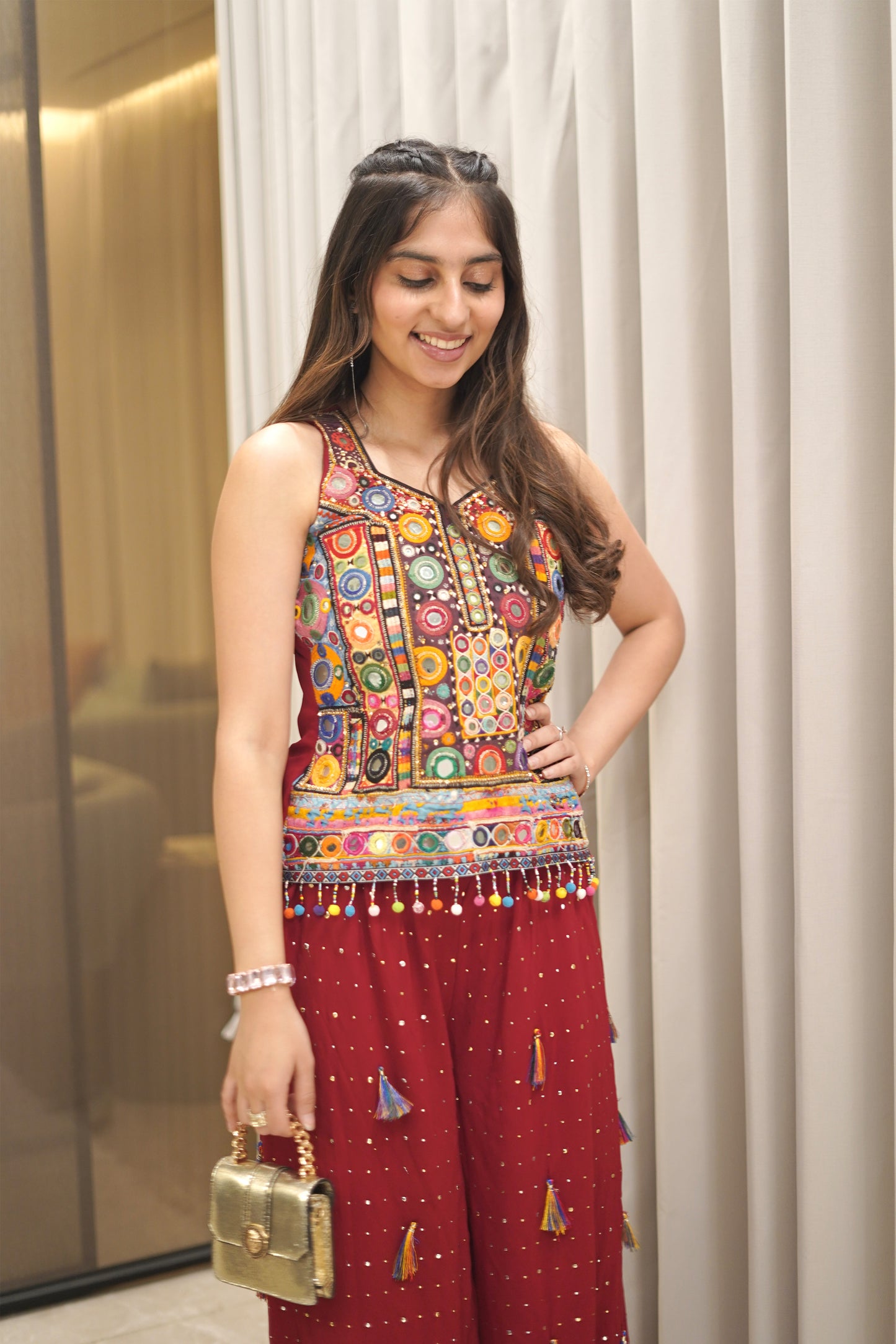 Multicolor Handworked Top with Flowy Pitha Bottoms