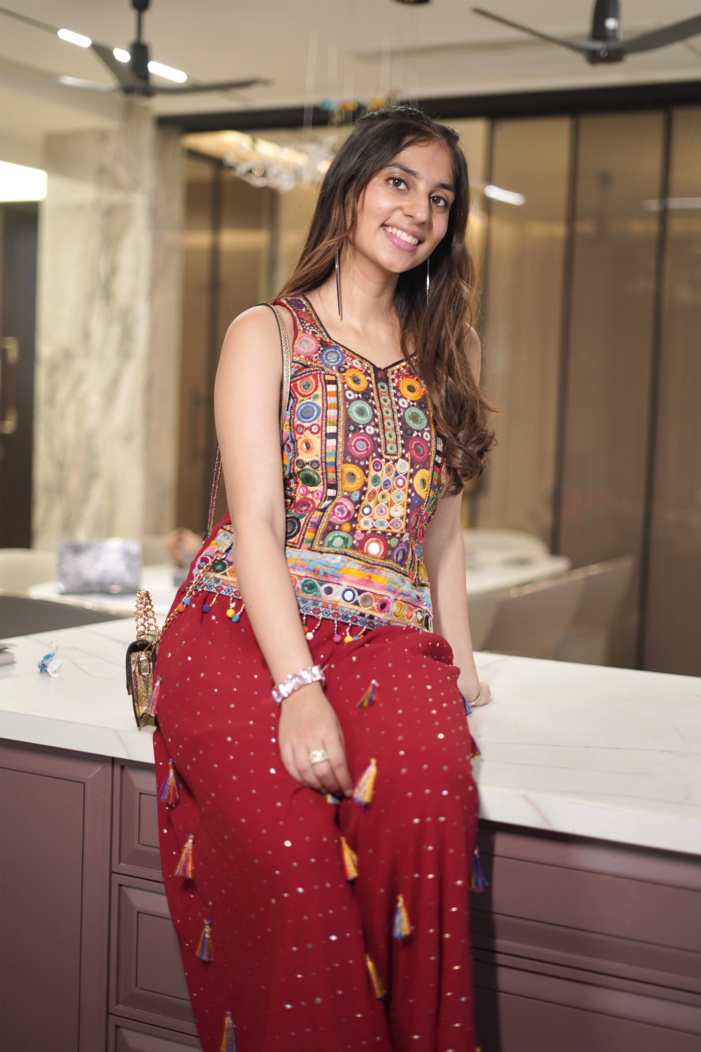 Multicolor Handworked Top with Flowy Pitha Bottoms