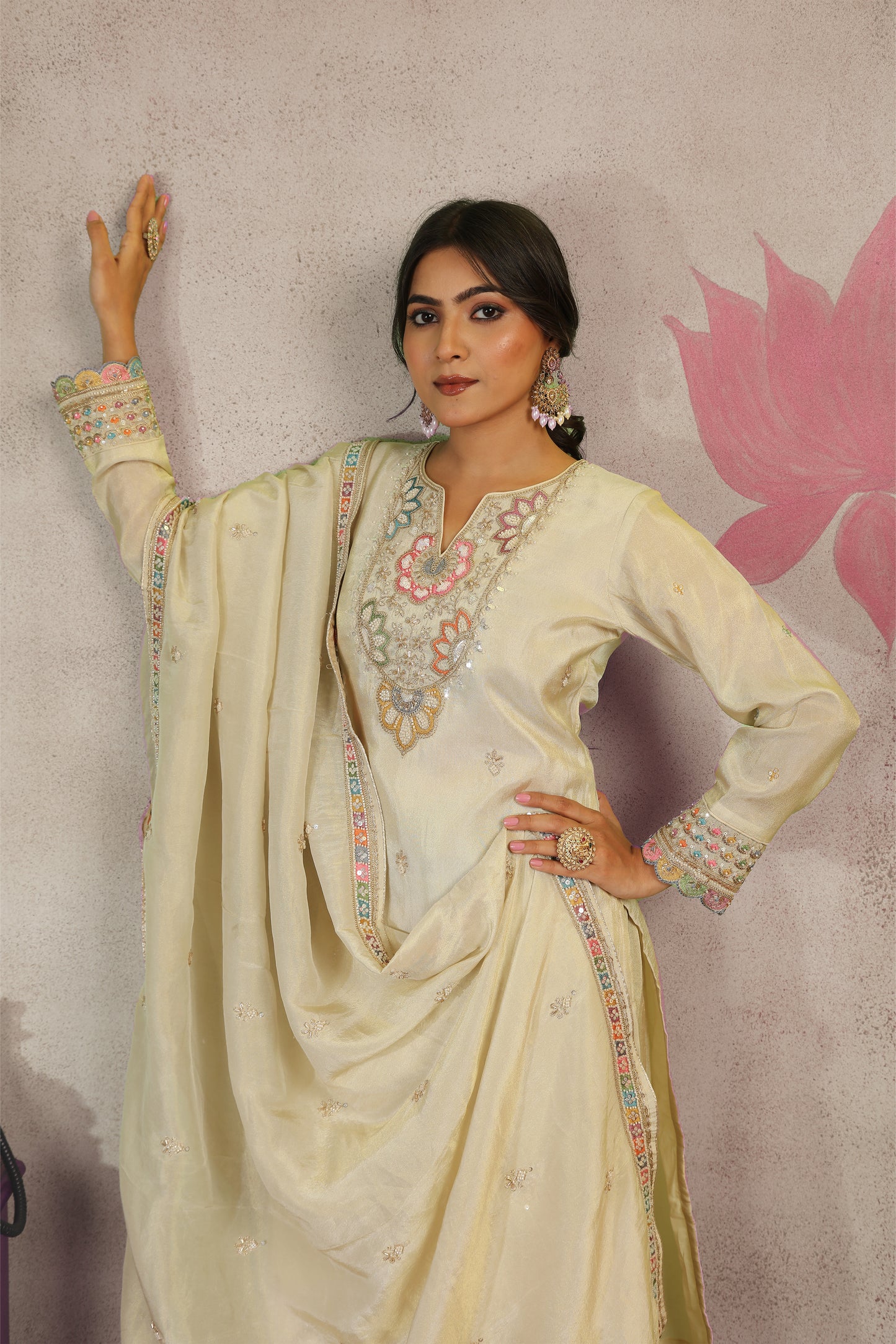 Cutdaana & Multicolor Thread Embroidered Tissue Suit