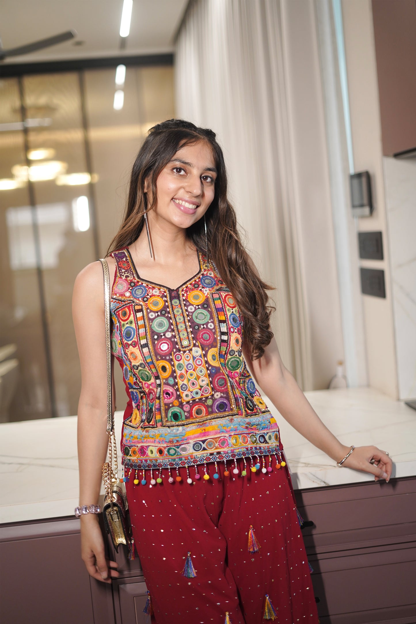 Multicolor Handworked Top with Flowy Pitha Bottoms