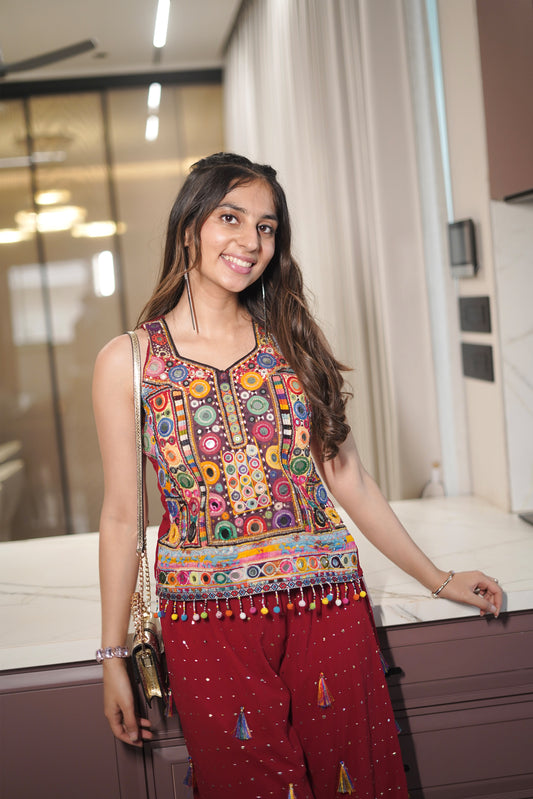 Multicolor Handworked Top with Flowy Pitha Bottoms
