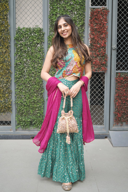 Abstract Printed Sequinned Sharara Set