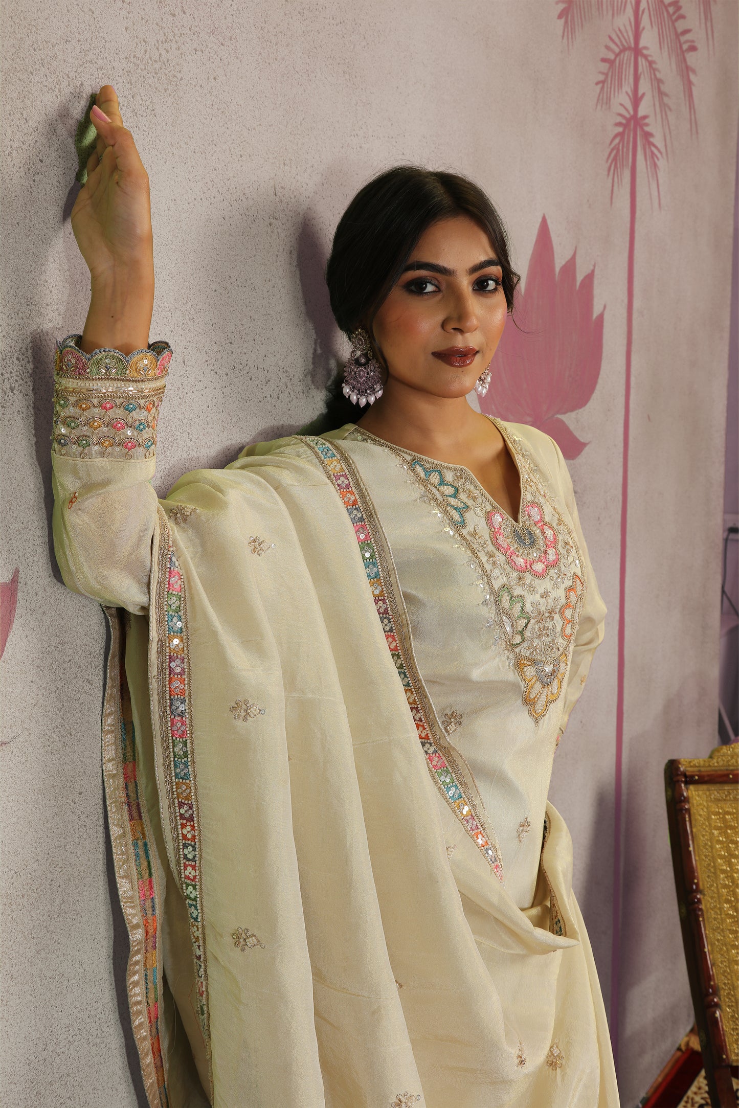Cutdaana & Multicolor Thread Embroidered Tissue Suit