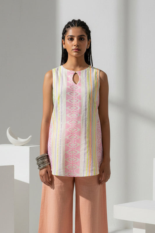 Multi Colored Jacquard Woven Sleeveless Kurti