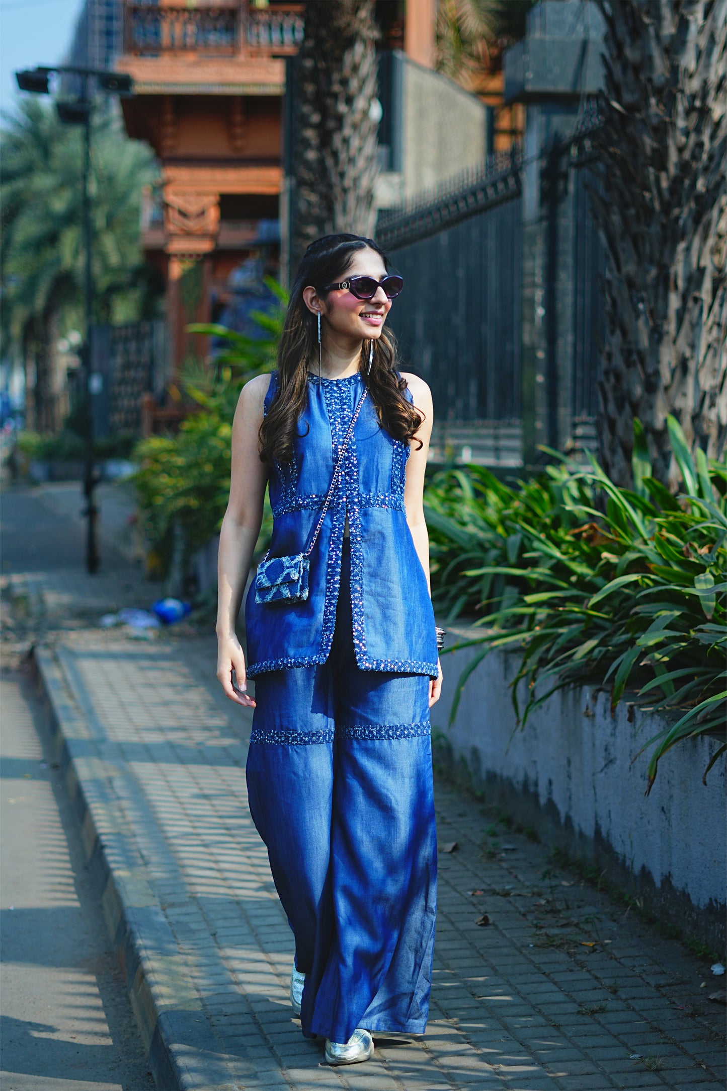 Sequin Detailed Blue Denim Fusion Co-ord Set