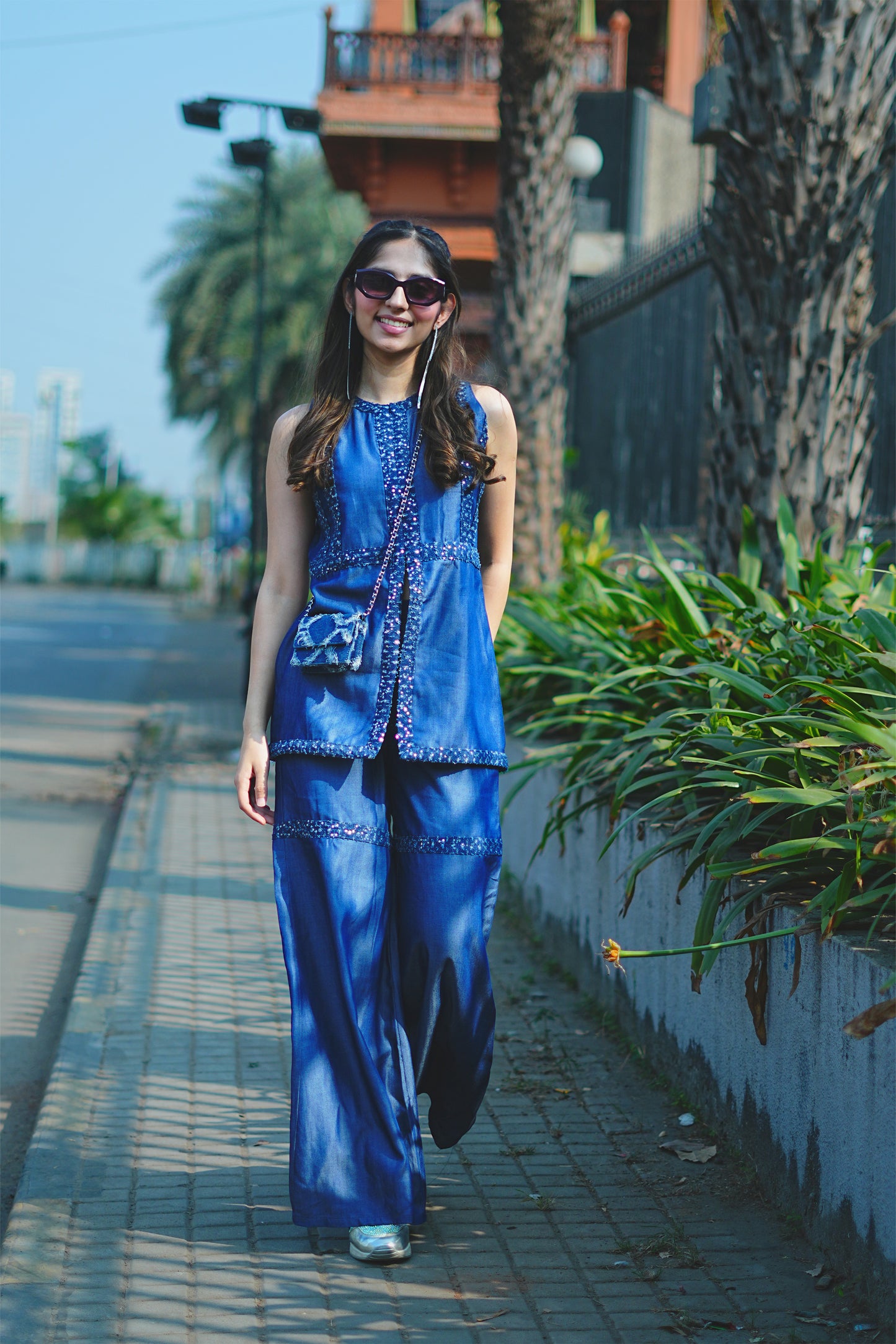 Sequin Detailed Blue Denim Fusion Co-ord Set
