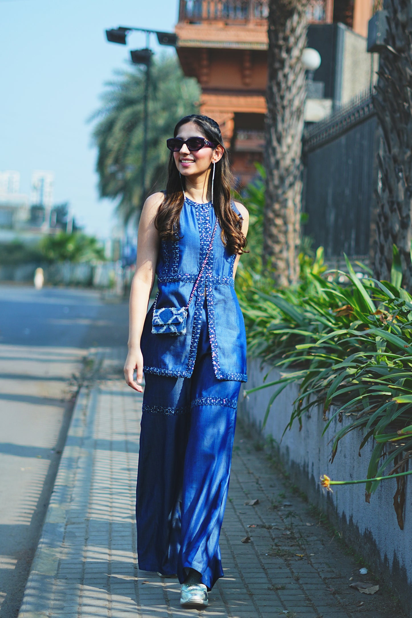 Sequin Detailed Blue Denim Fusion Co-ord Set