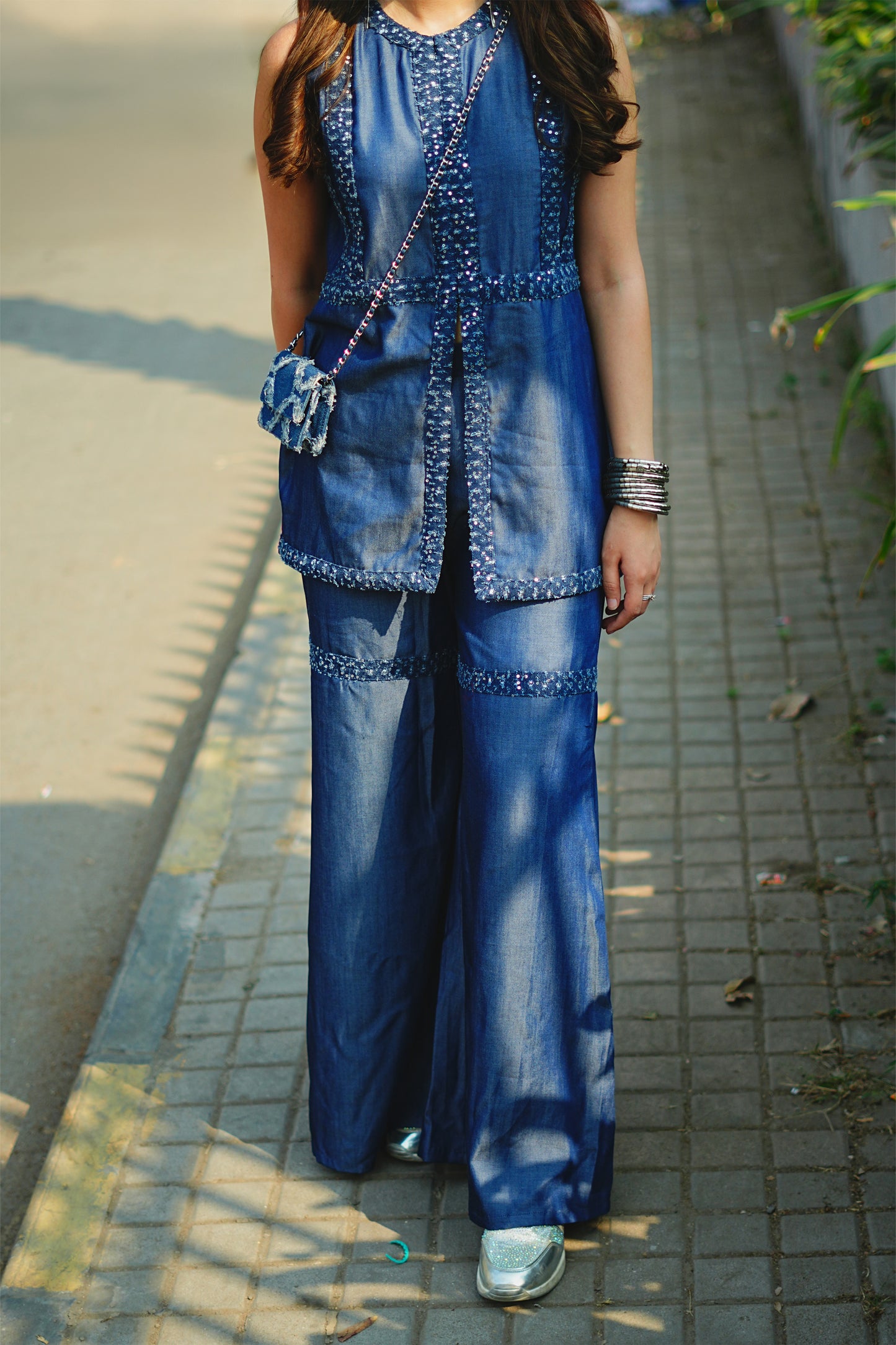 Sequin Detailed Blue Denim Fusion Co-ord Set
