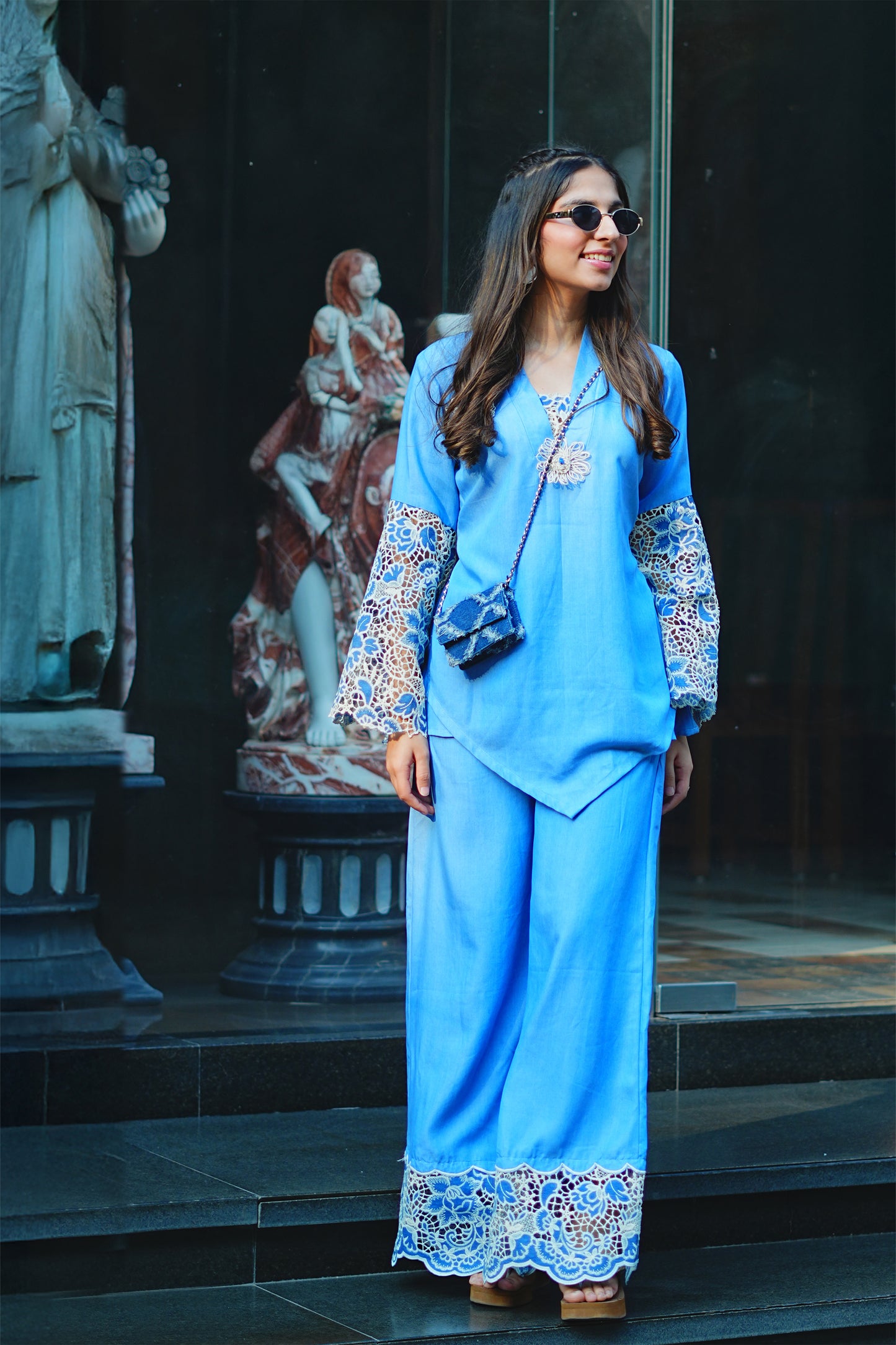 Light Blue Denim Cutwork Kurti & Flared Palazzo Set