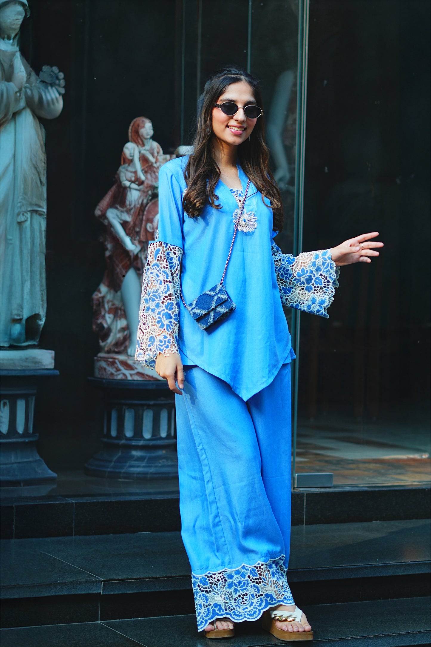 Light Blue Denim Cutwork Kurti & Flared Palazzo Set