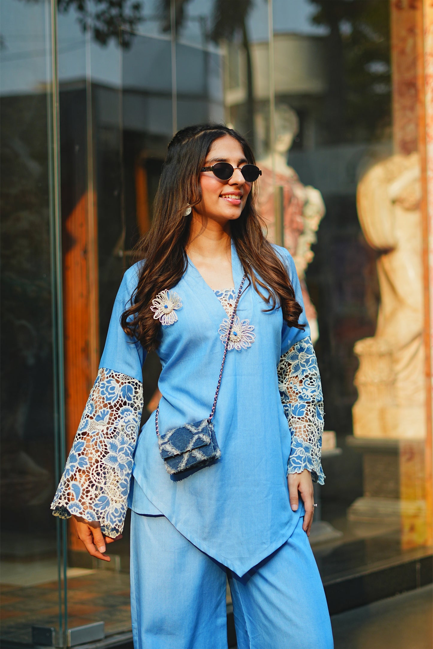 Light Blue Denim Cutwork Kurti & Flared Palazzo Set