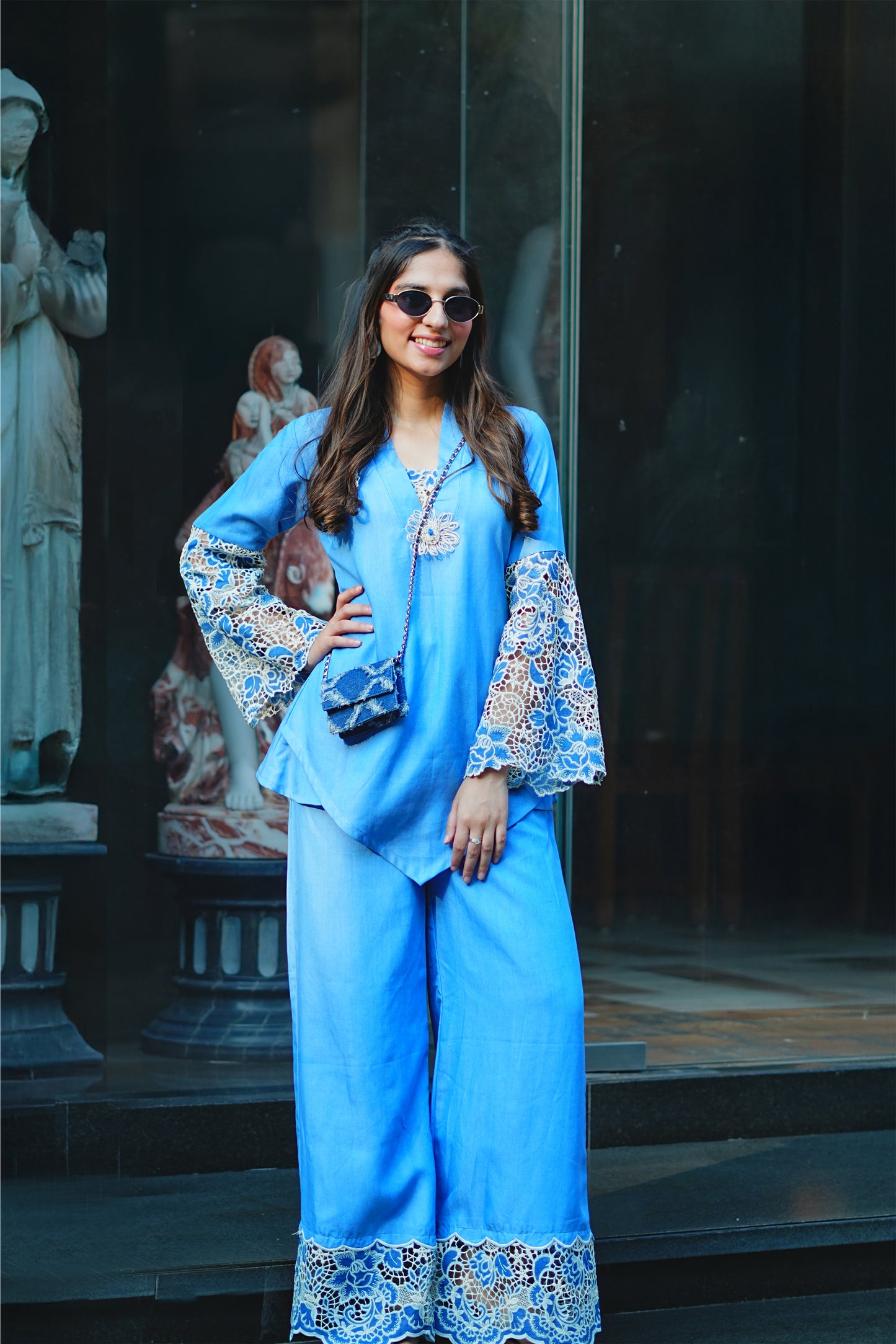 Light Blue Denim Cutwork Kurti & Flared Palazzo Set