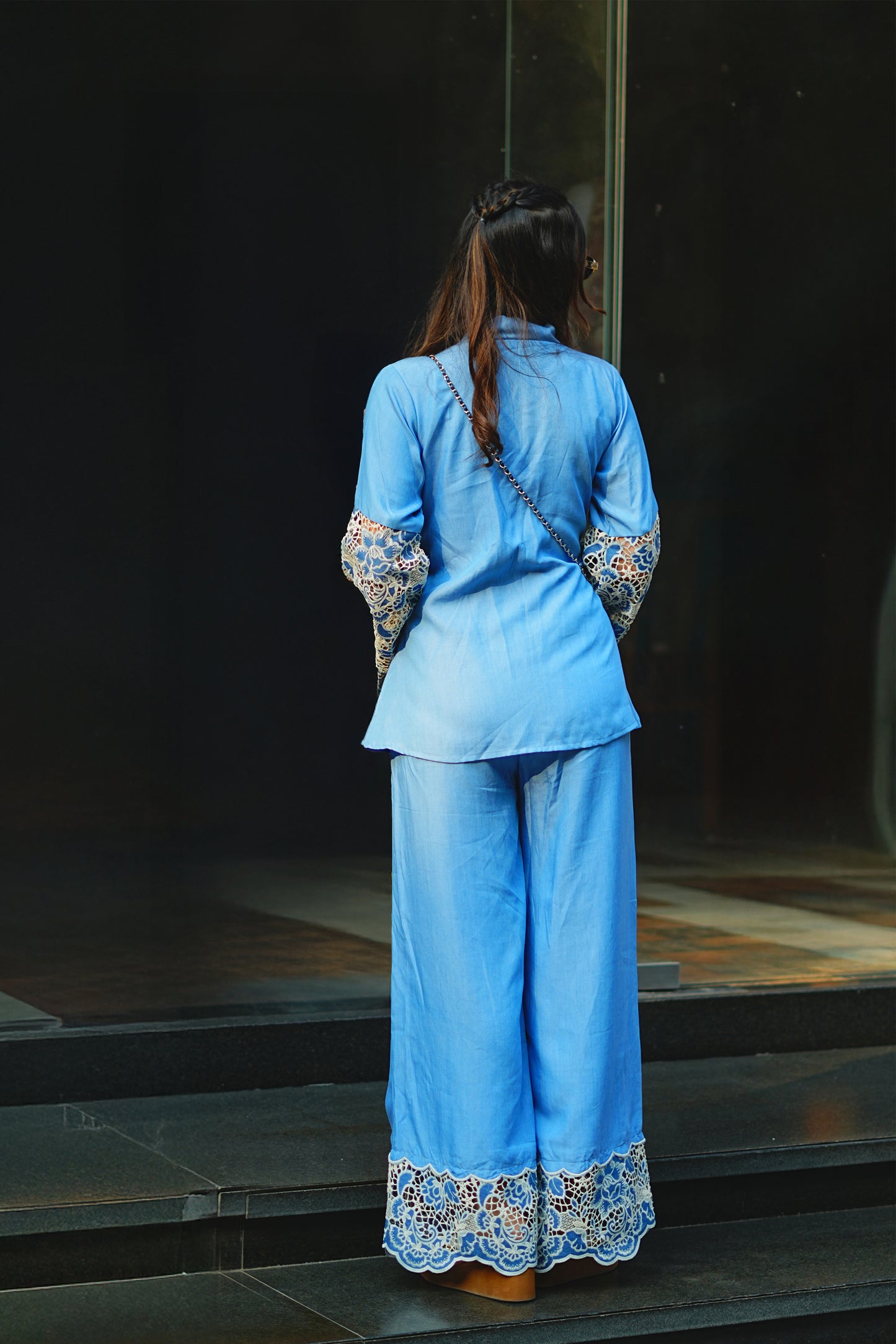 Light Blue Denim Cutwork Kurti & Flared Palazzo Set