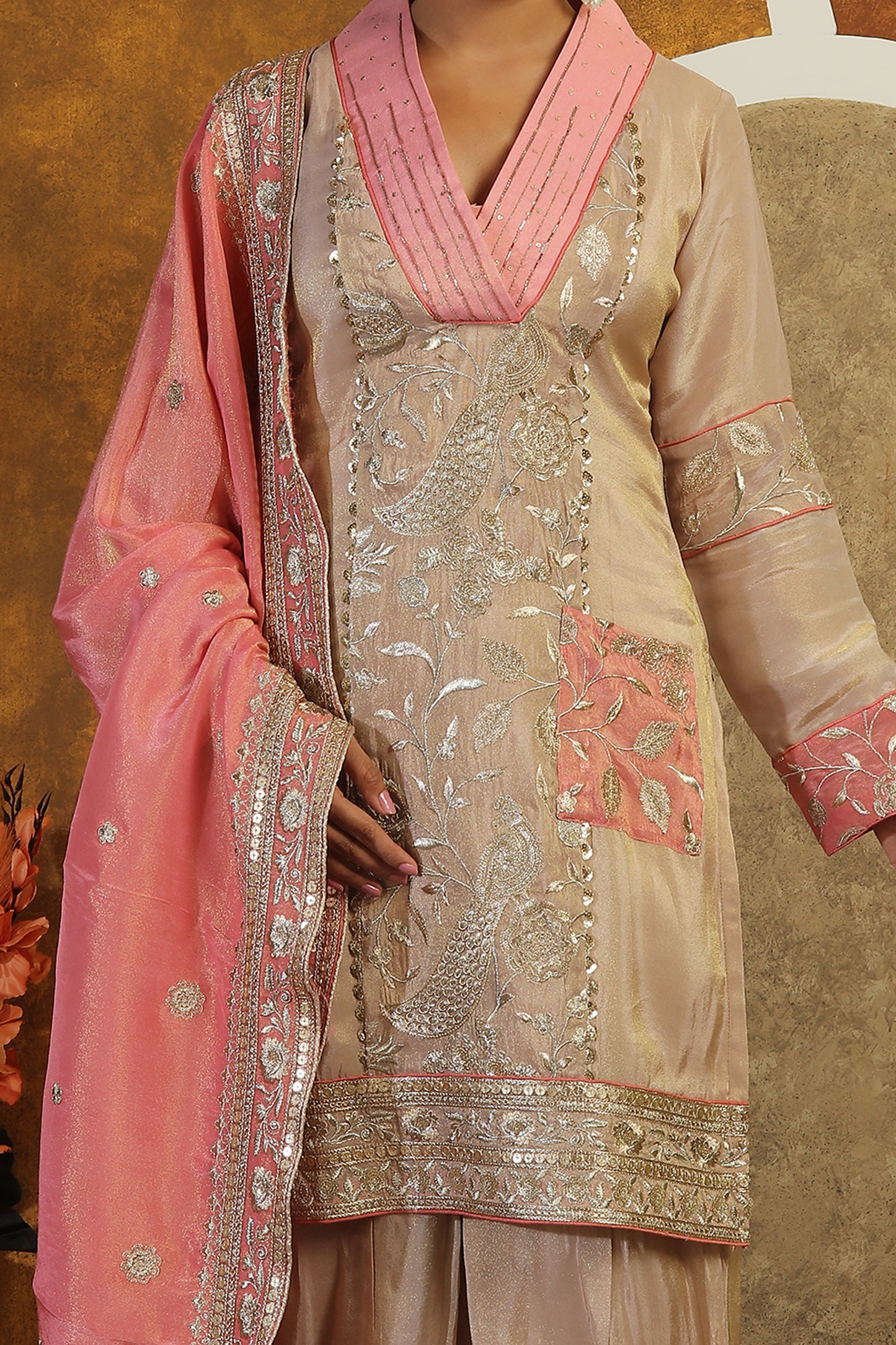 Heavy Zari Tissue Suit with Contrast Detail