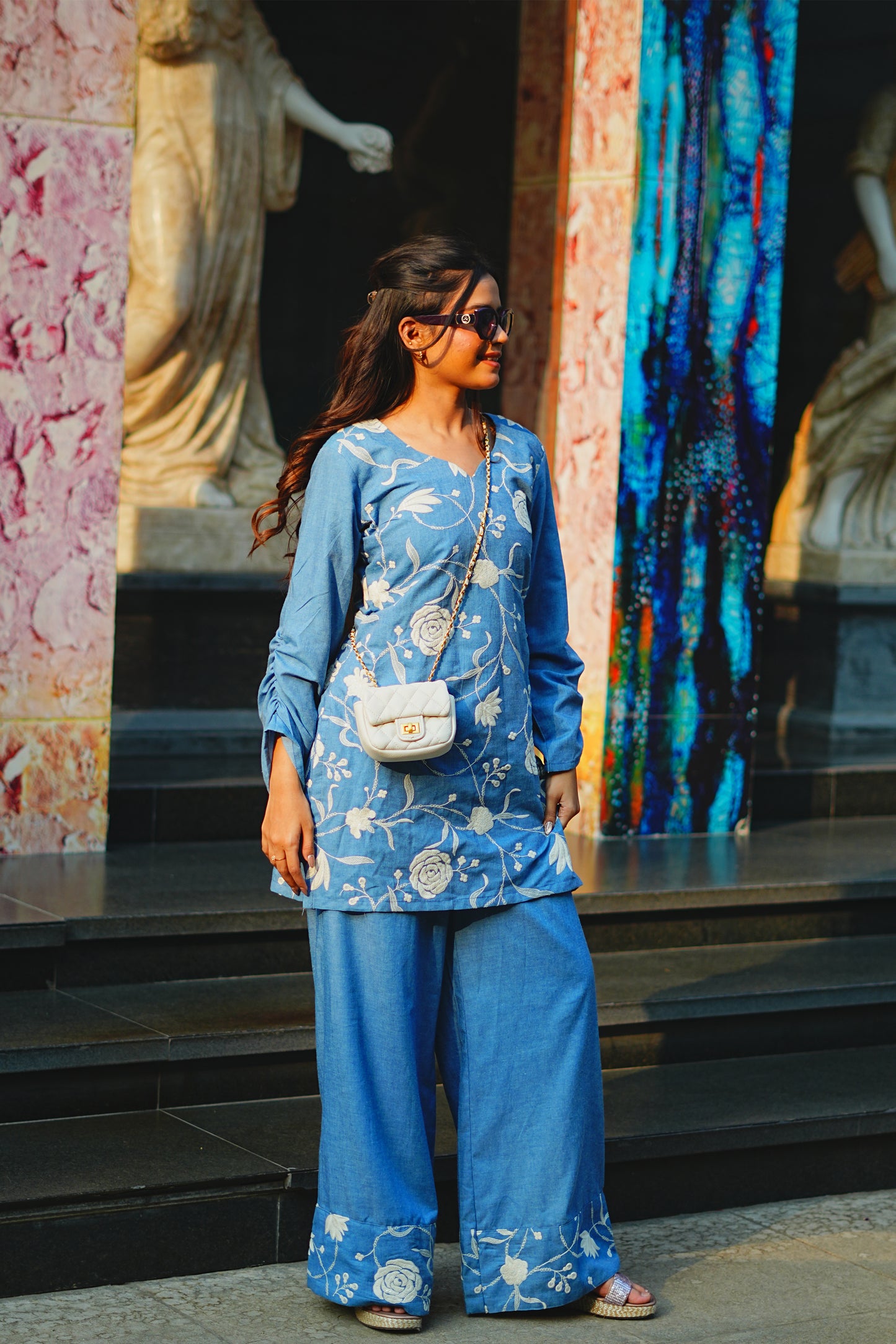 White Floral Embroidered Denim Co-ord Set with Ruched Sleeves
