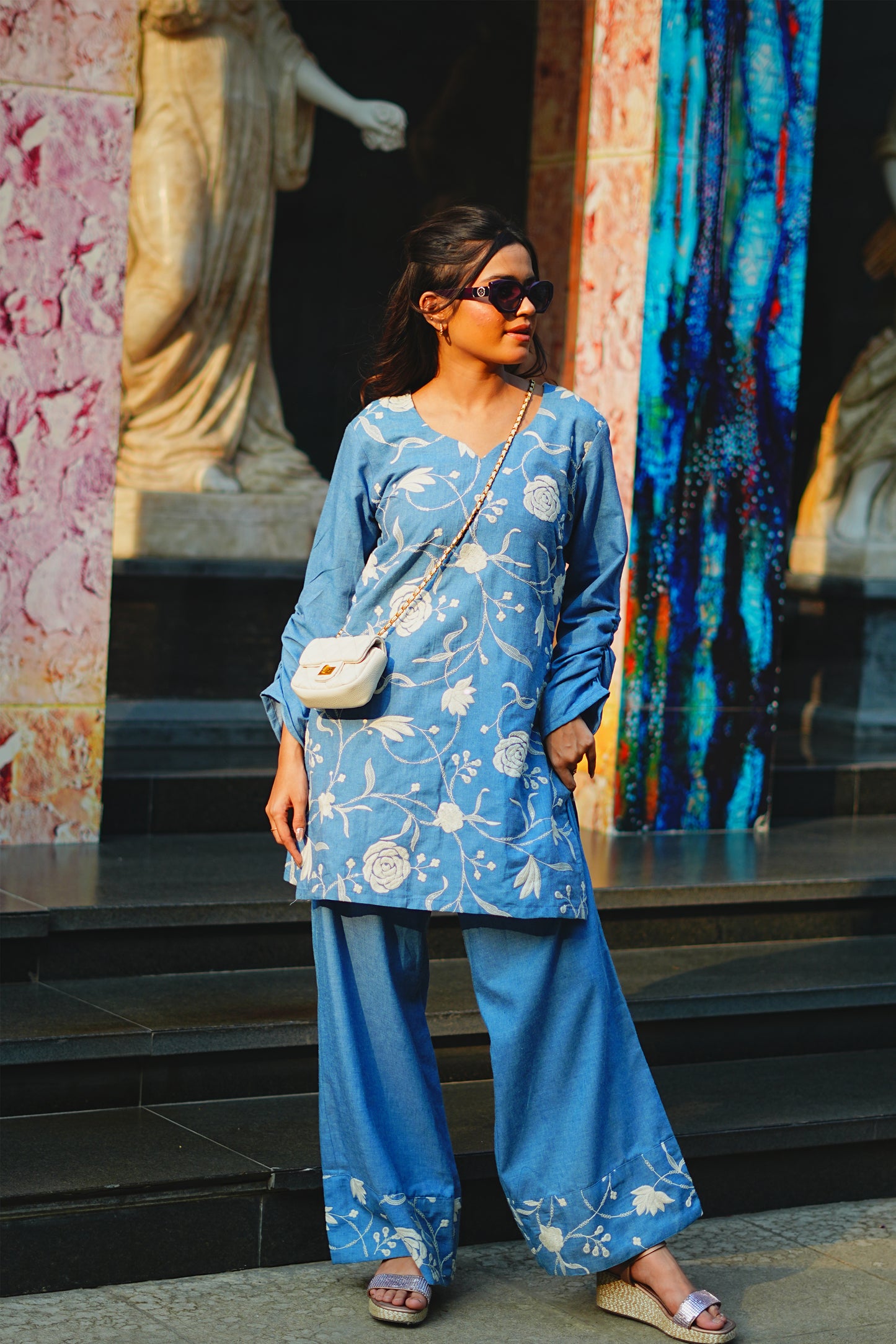 White Floral Embroidered Denim Co-ord Set with Ruched Sleeves