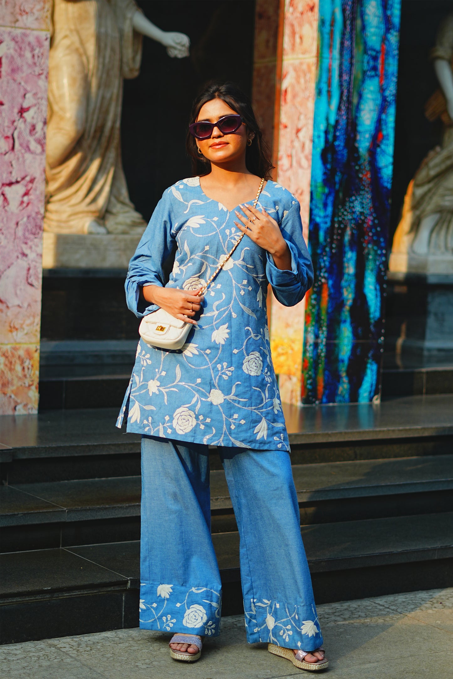 White Floral Embroidered Denim Co-ord Set with Ruched Sleeves