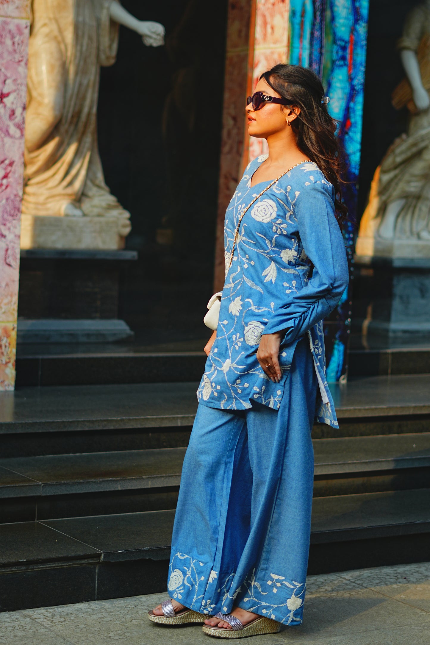 White Floral Embroidered Denim Co-ord Set with Ruched Sleeves