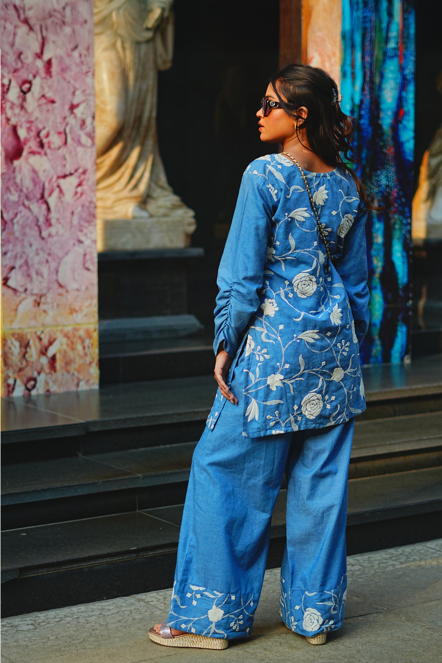 White Floral Embroidered Denim Co-ord Set with Ruched Sleeves