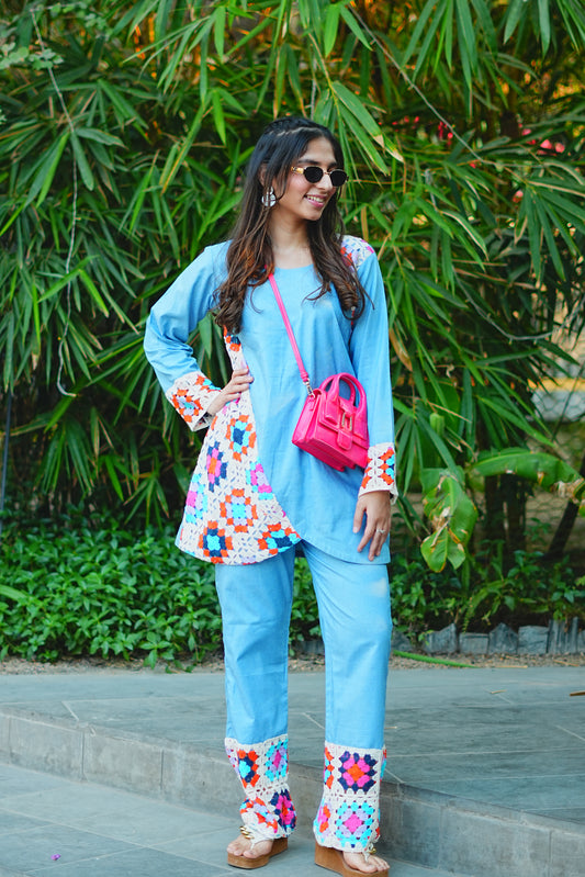 Light Blue Denim & Crochet Fusion Kurti Set