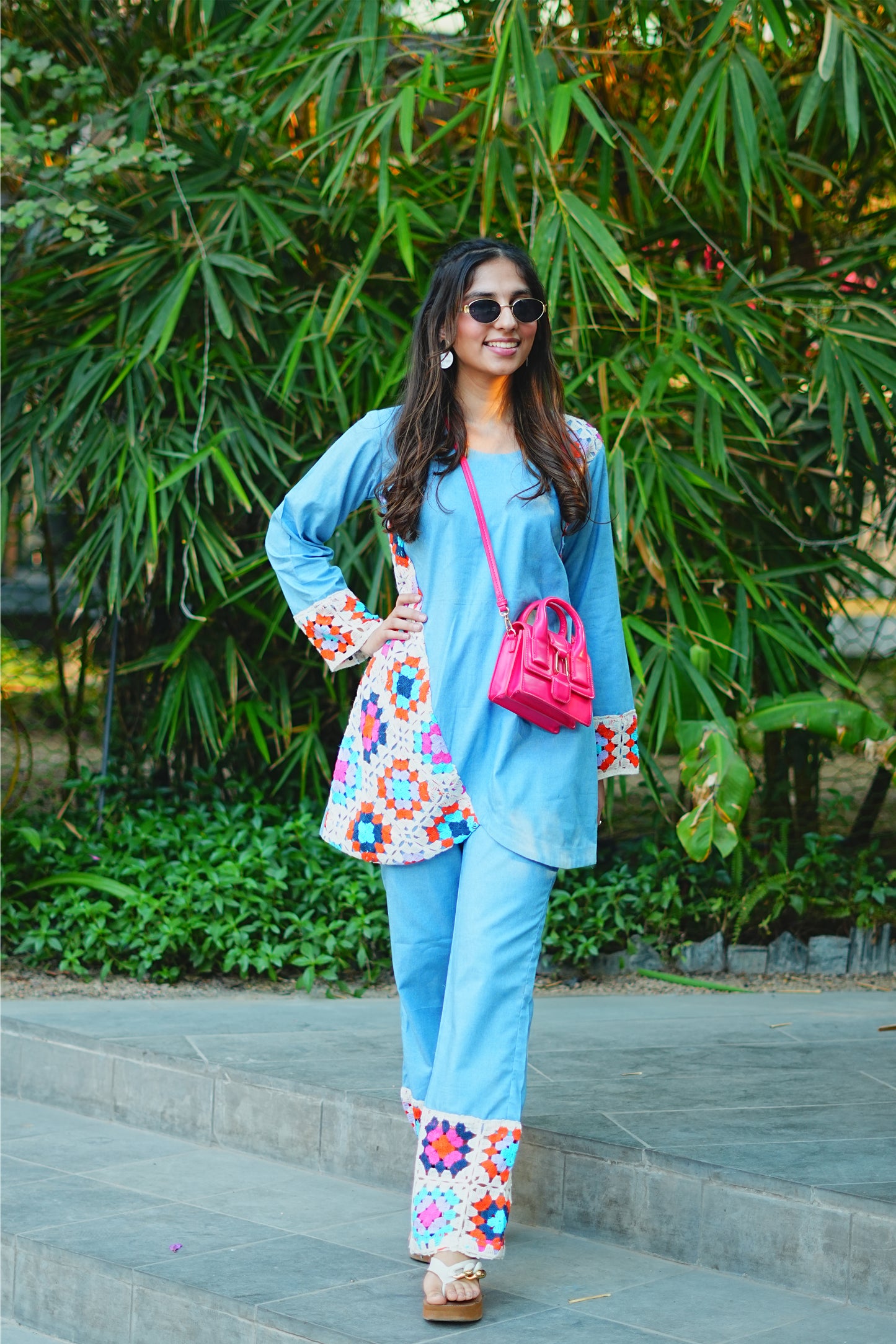 Light Blue Denim & Crochet Fusion Kurti Set
