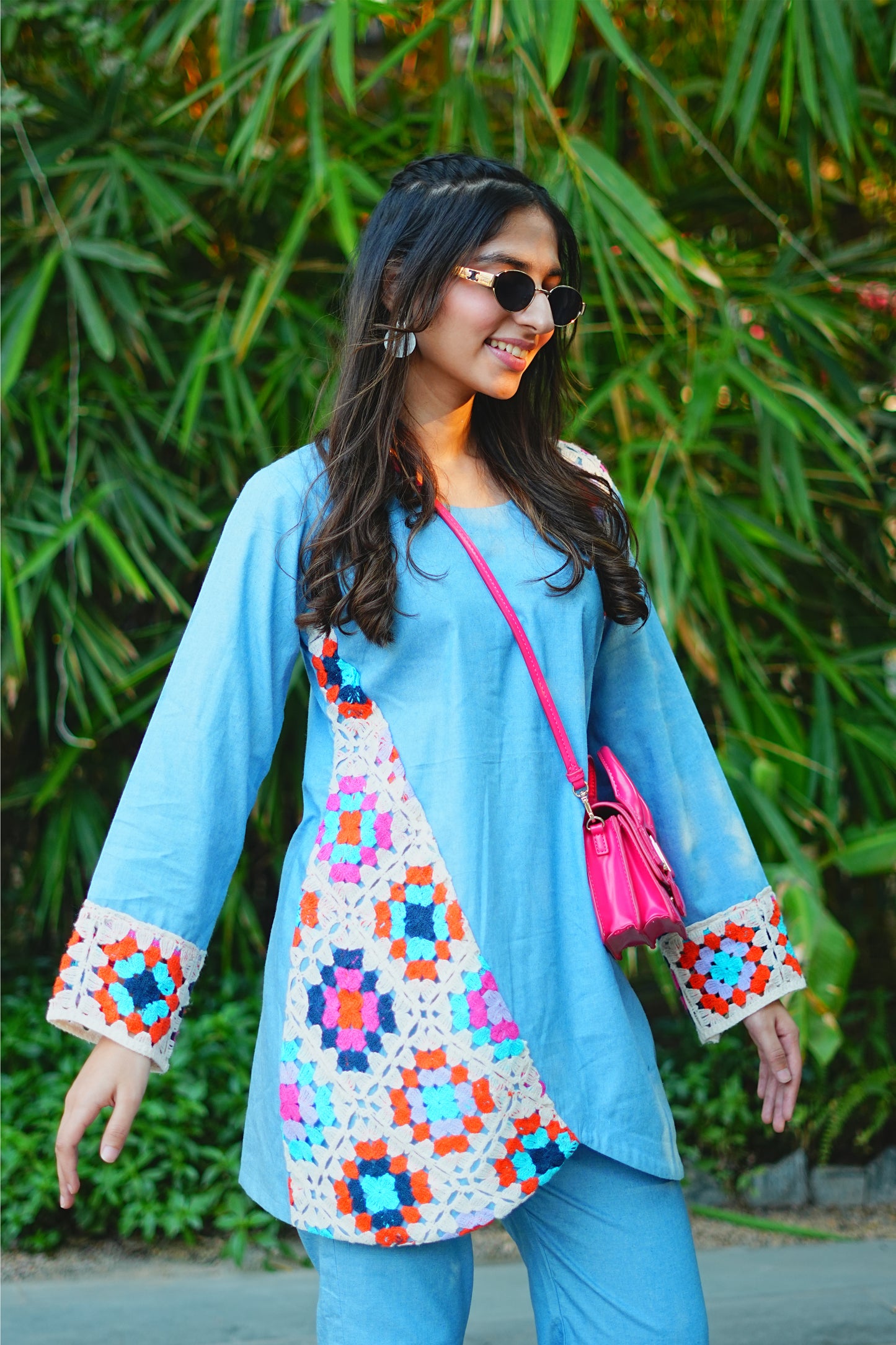 Light Blue Denim & Crochet Fusion Kurti Set