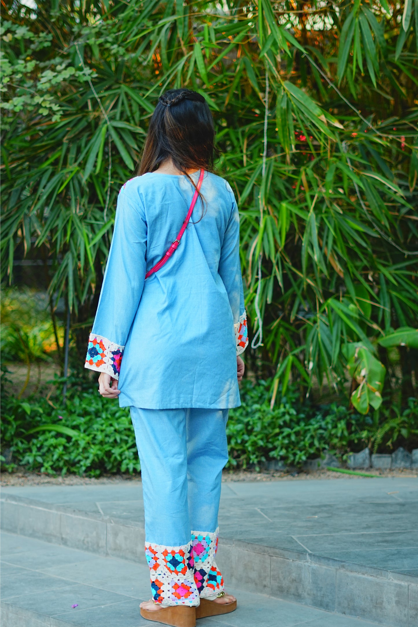 Light Blue Denim & Crochet Fusion Kurti Set