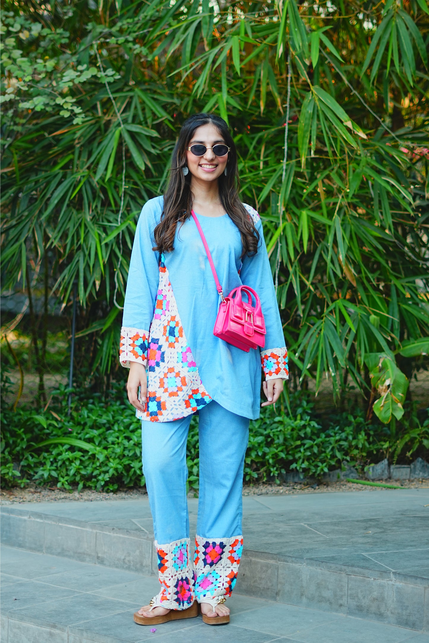 Light Blue Denim & Crochet Fusion Kurti Set