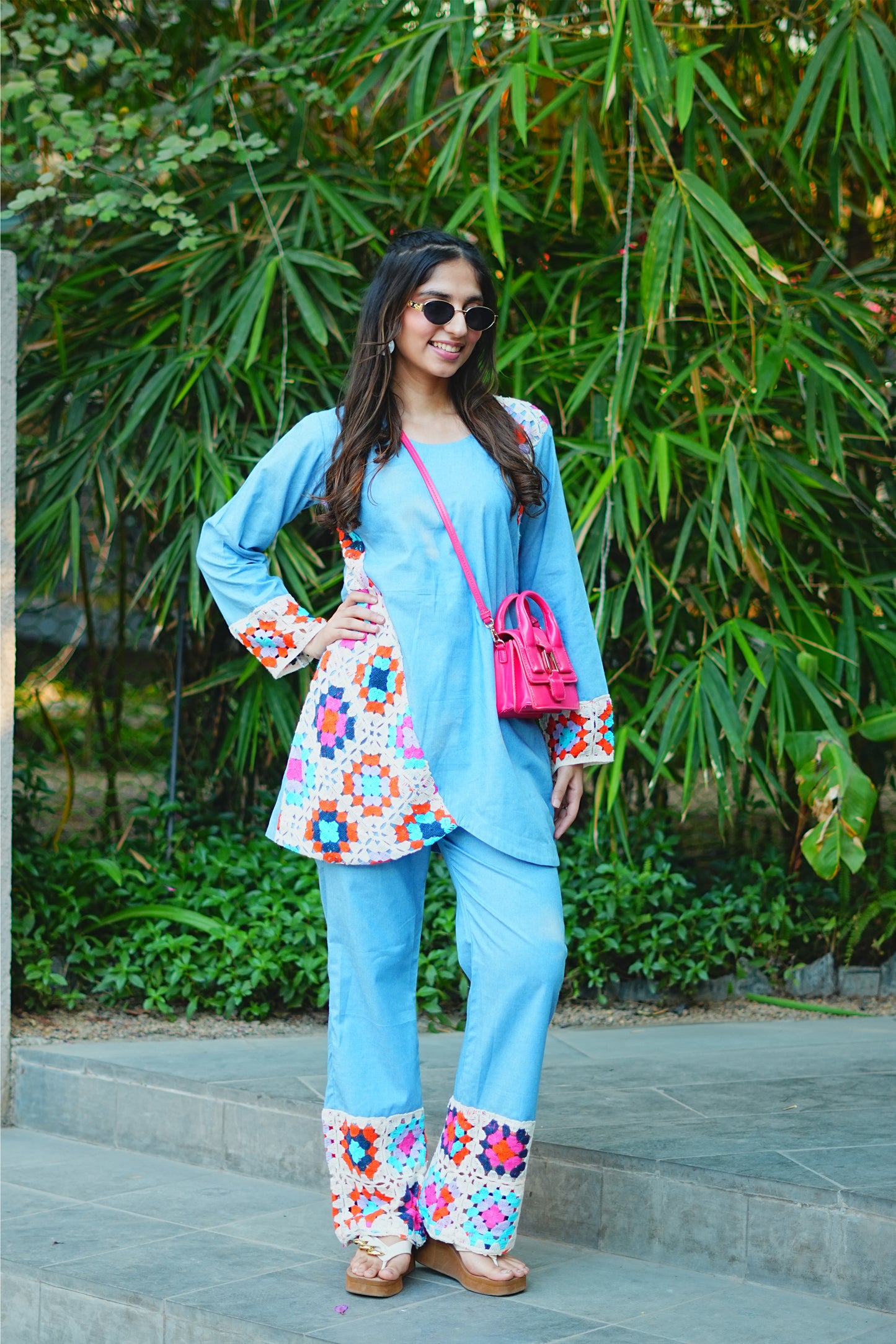 Light Blue Denim & Crochet Fusion Kurti Set