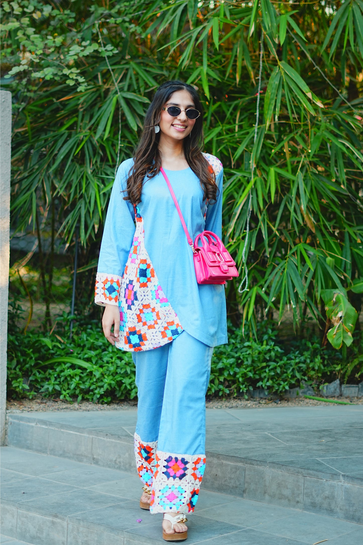 Light Blue Denim & Crochet Fusion Kurti Set