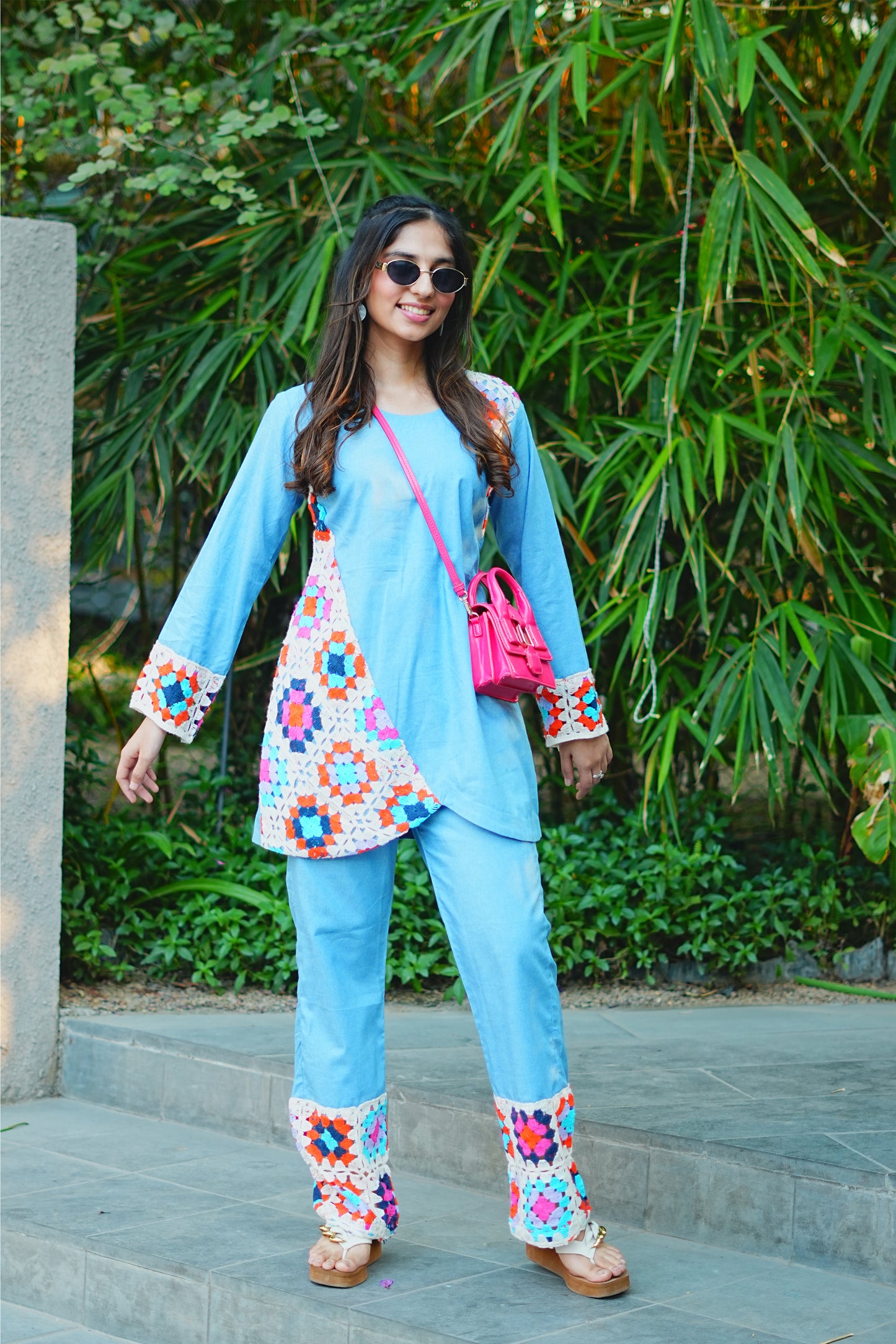 Light Blue Denim & Crochet Fusion Kurti Set