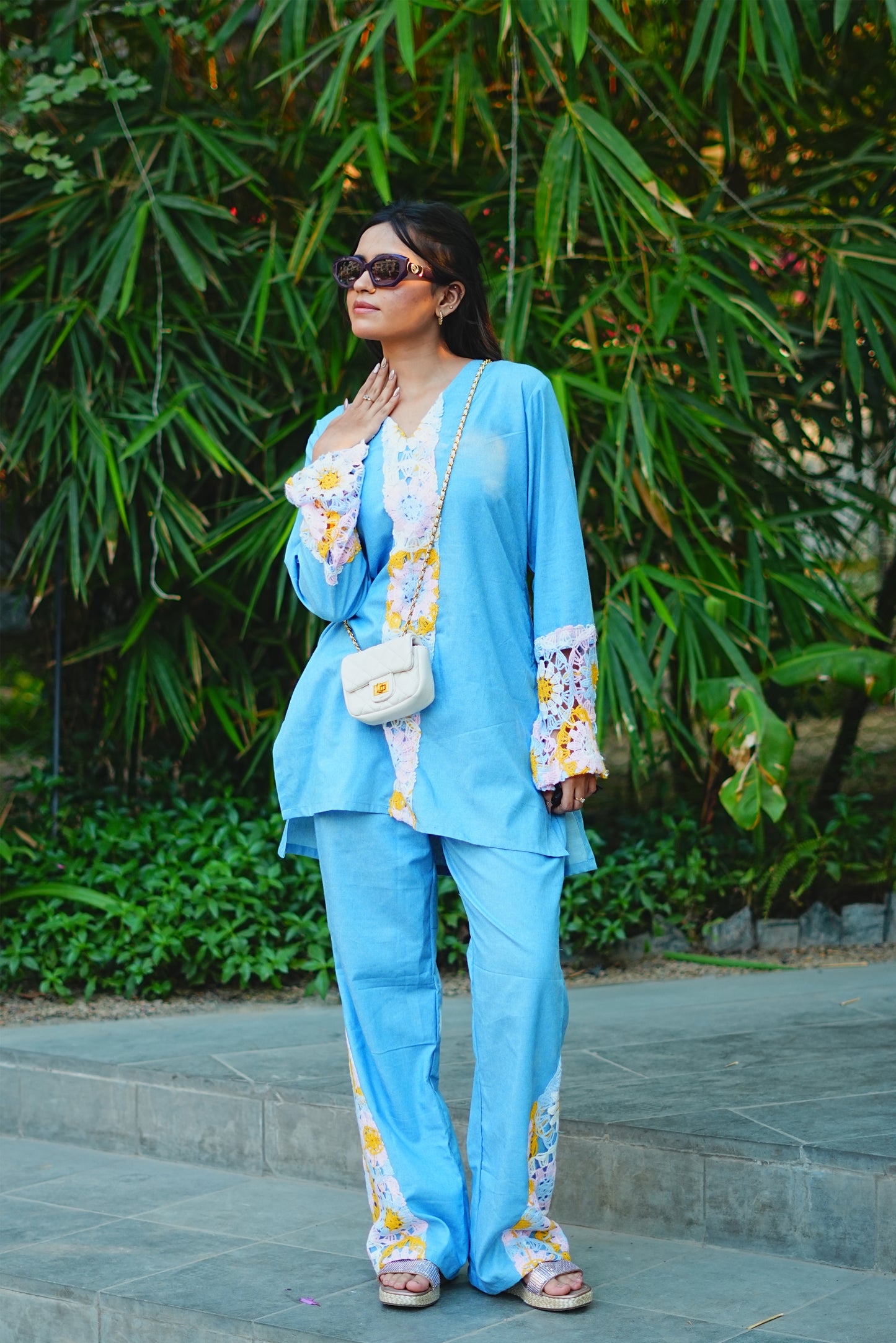 Yoke-Gathered Denim & Crochet Fusion Set