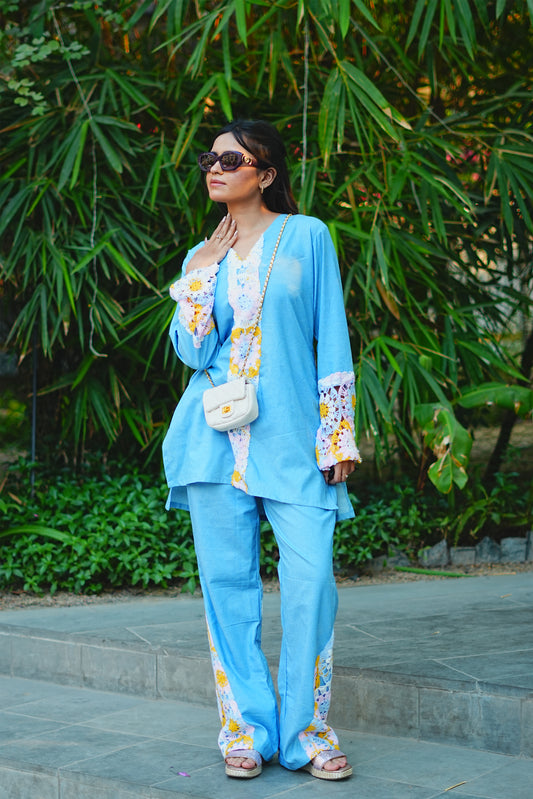 Yoke-Gathered Denim & Crochet Fusion Set
