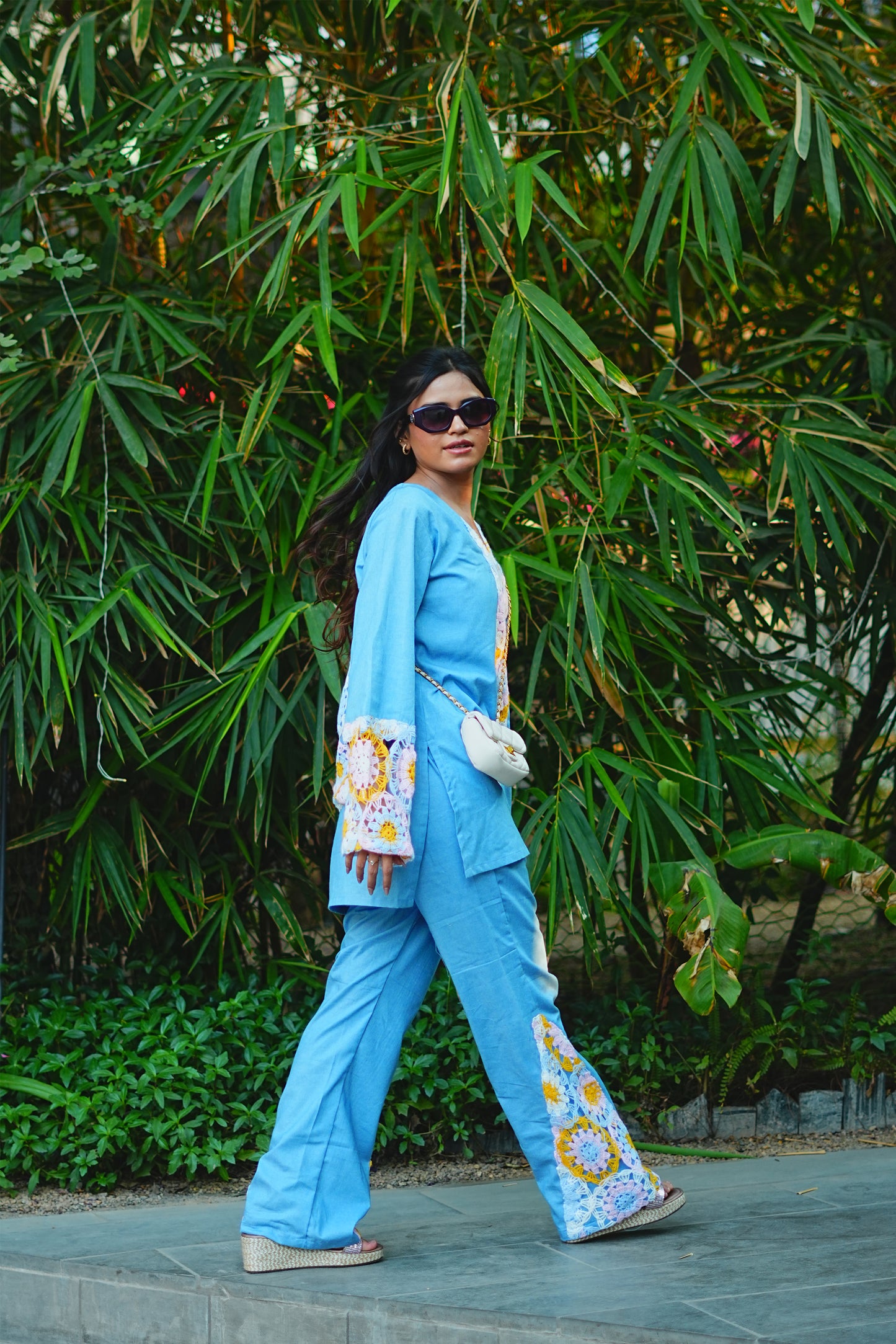 Yoke-Gathered Denim & Crochet Fusion Set