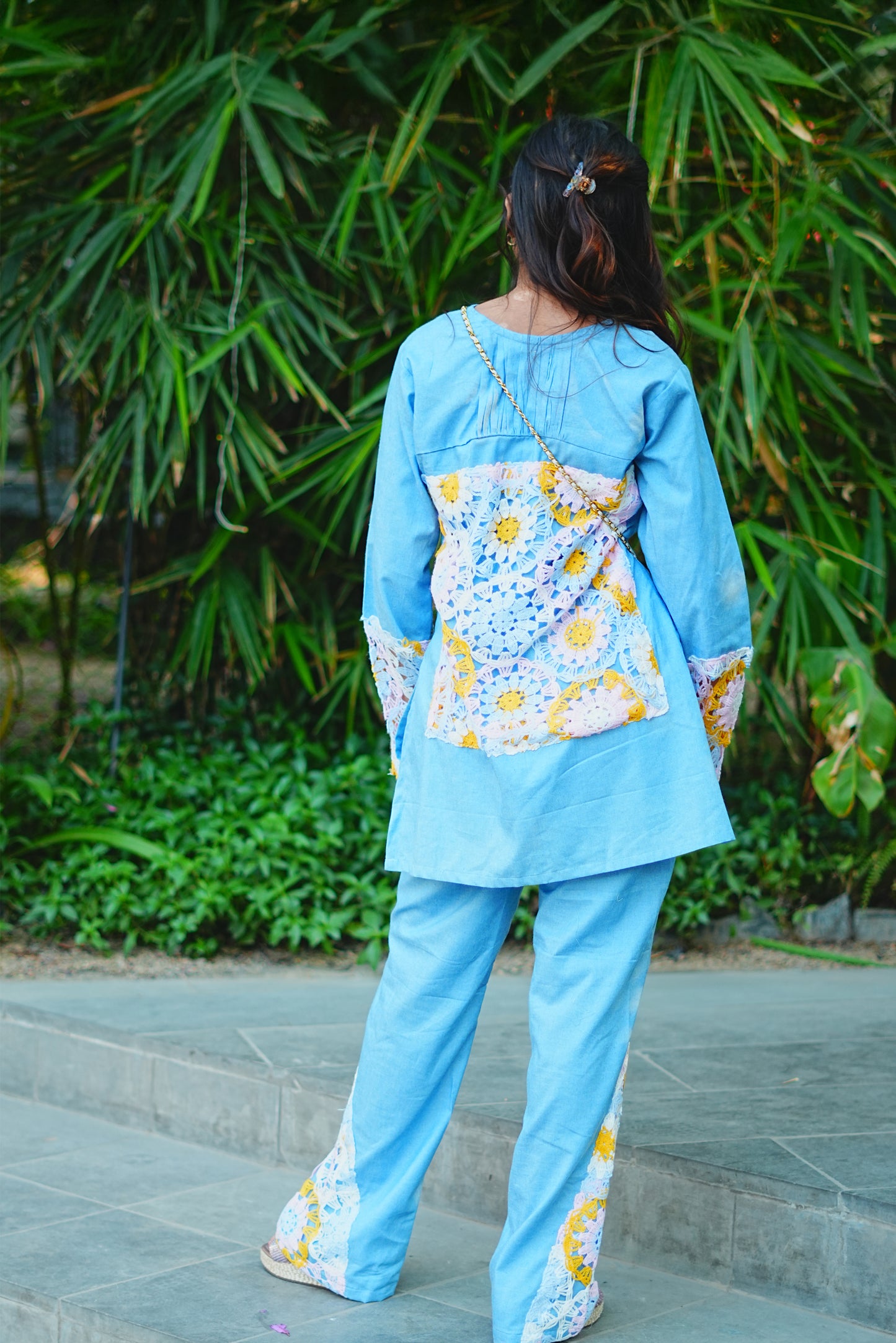 Yoke-Gathered Denim & Crochet Fusion Set