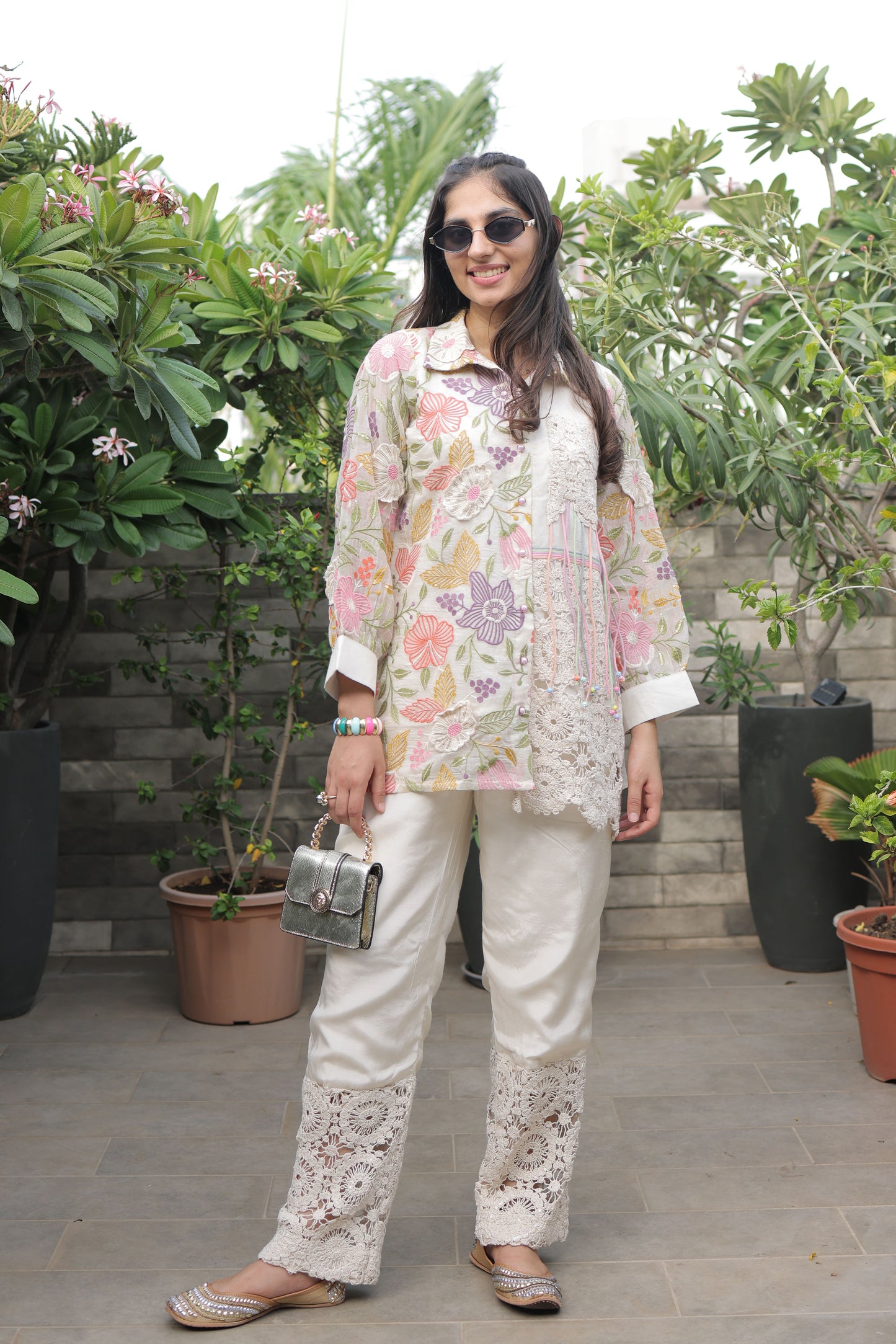 Ivory Chanderi Co-ord Set with Crochet Detailings