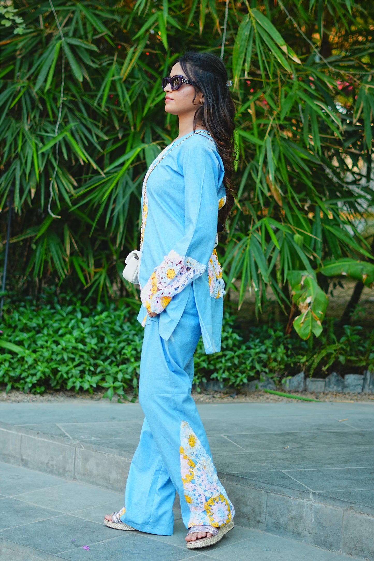 Yoke-Gathered Denim & Crochet Fusion Set