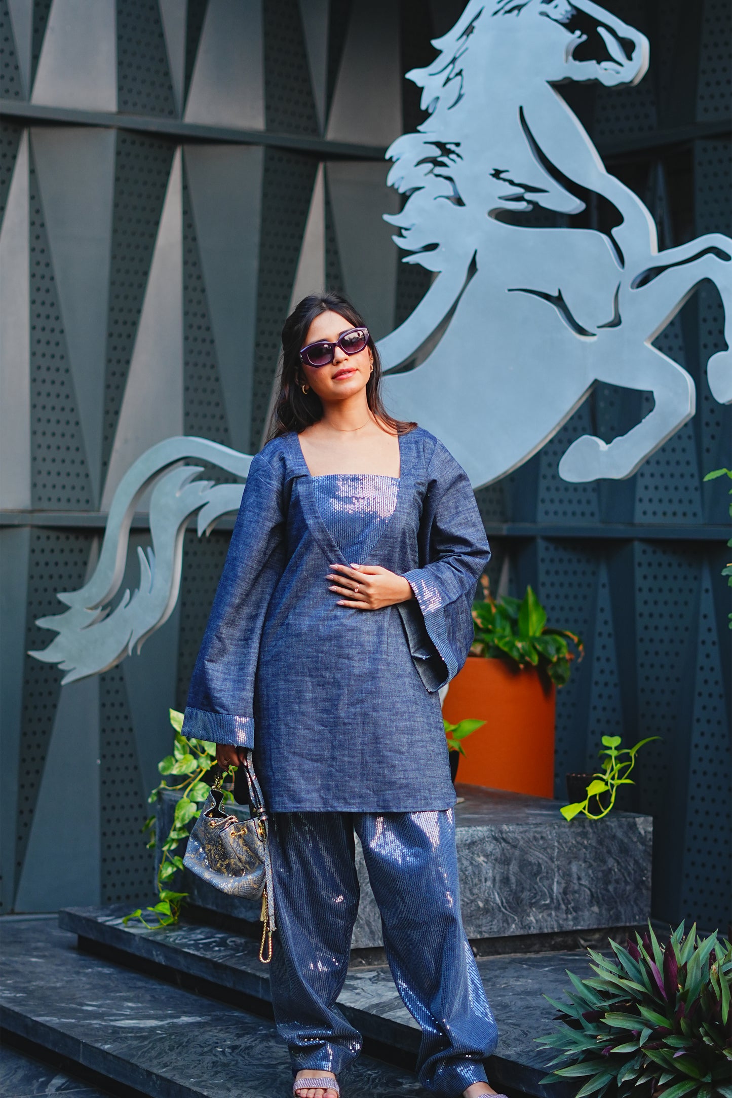 Sequinned Denim Kurti & Farshi Salwar Set